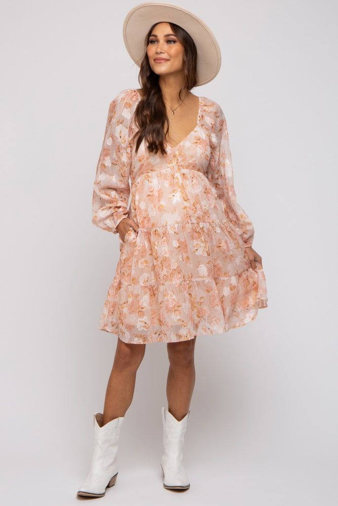 Peach Floral Long Sleeve Tiered Maternity Dress sold by Pinkblush product image thumbnail 3