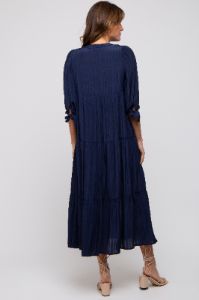Navy Blue Striped Tiered Midi Dress sold by Pinkblush