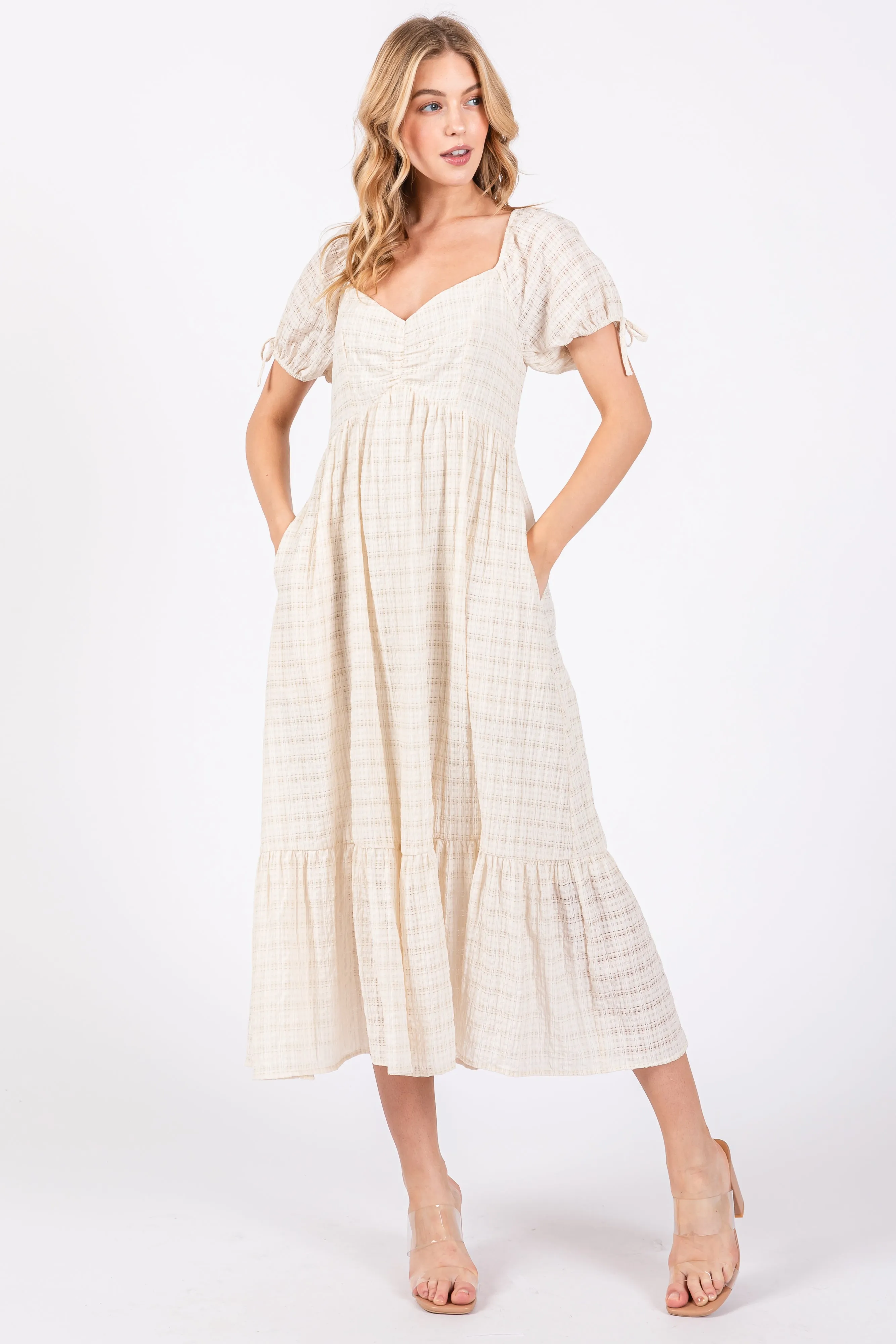 Ivory Textured Plaid Puff Short Sleeve Maternity Midi Dress sold by Pinkblush product image thumbnail 4