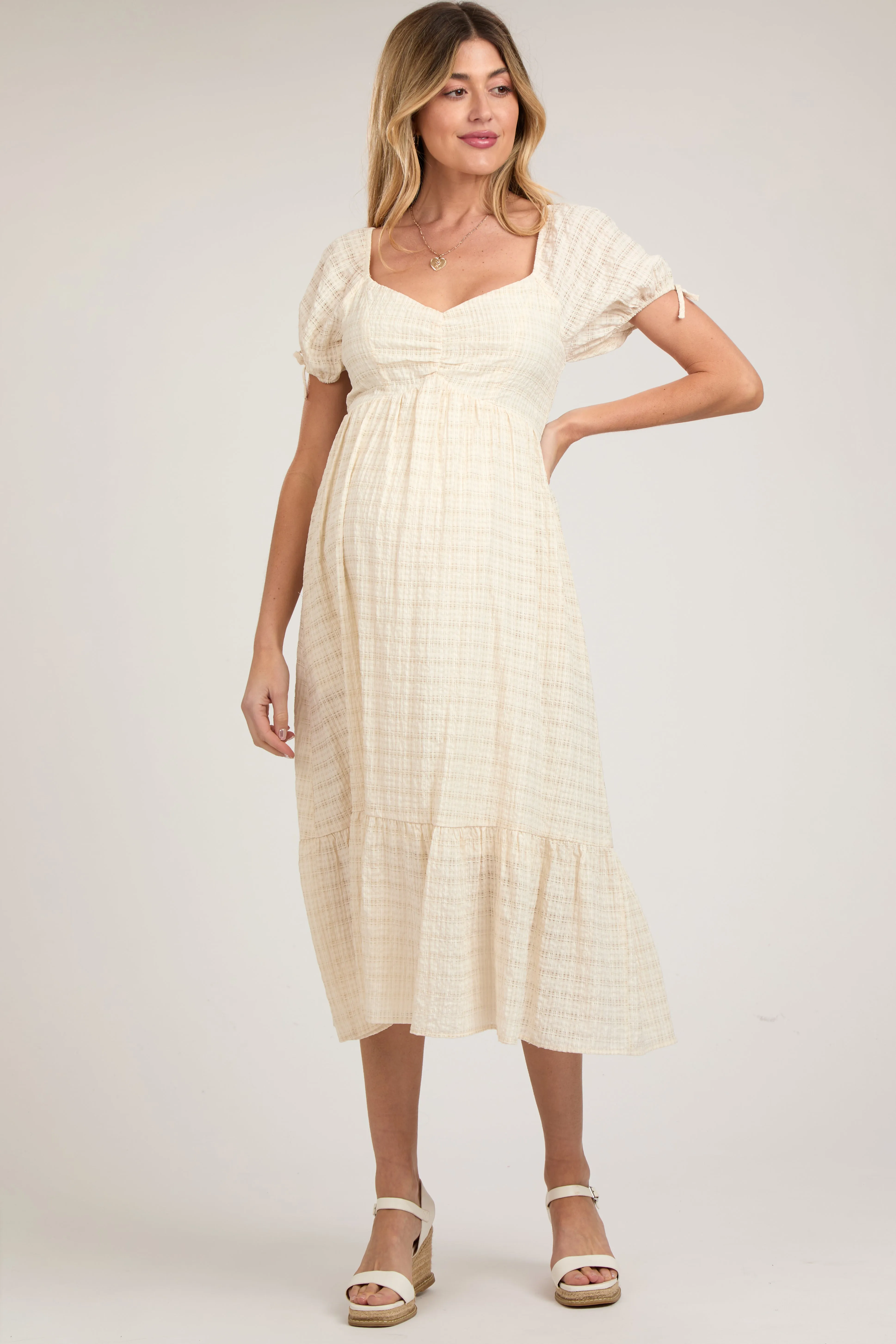 Ivory Textured Plaid Puff Short Sleeve Maternity Midi Dress sold by Pinkblush