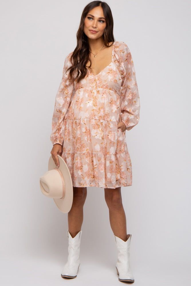 Peach Floral Long Sleeve Tiered Maternity Dress sold by Pinkblush product image thumbnail 4