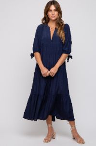 Navy Blue Striped Tiered Midi Dress sold by Pinkblush