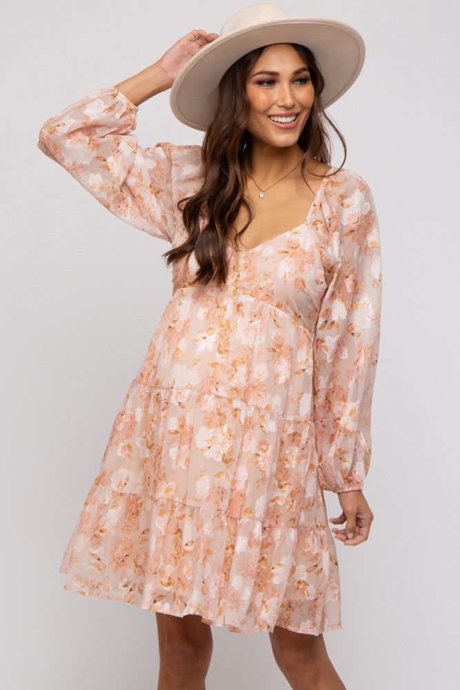 Peach Floral Long Sleeve Tiered Maternity Dress sold by Pinkblush
