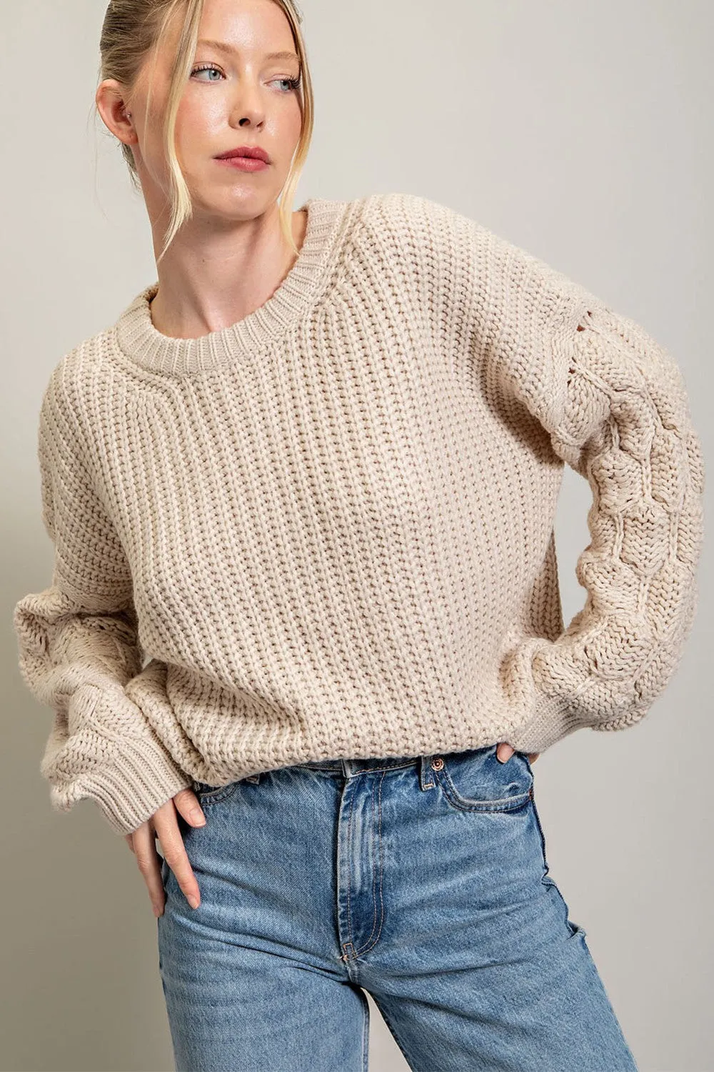 Beige Cable Knit Sleeve Sweater sold by Pinkblush