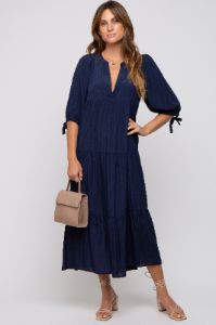 Navy Blue Striped Tiered Midi Dress sold by Pinkblush