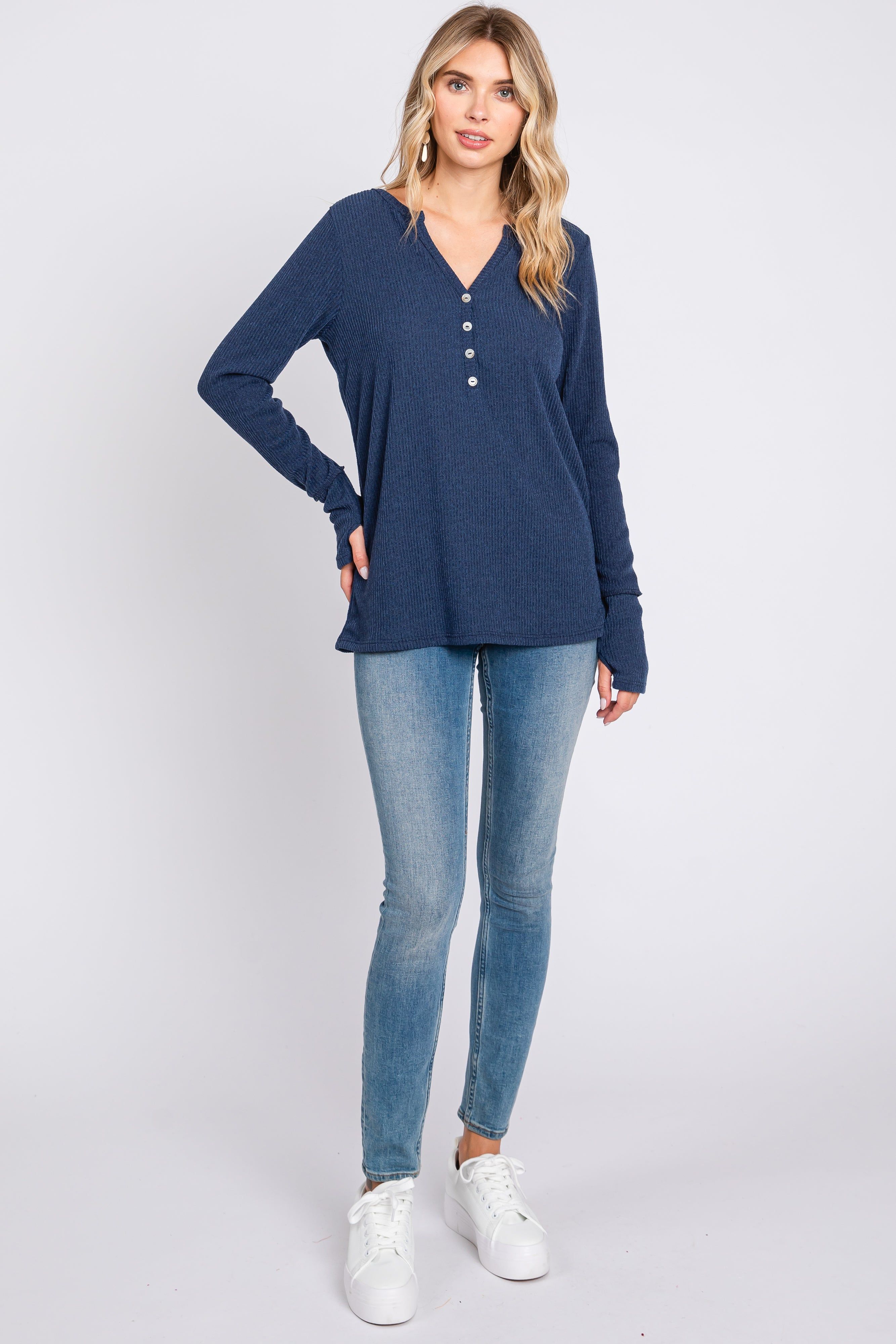 Navy Rib Knit Button Accent Long Sleeve Top sold by Pinkblush product image thumbnail 4