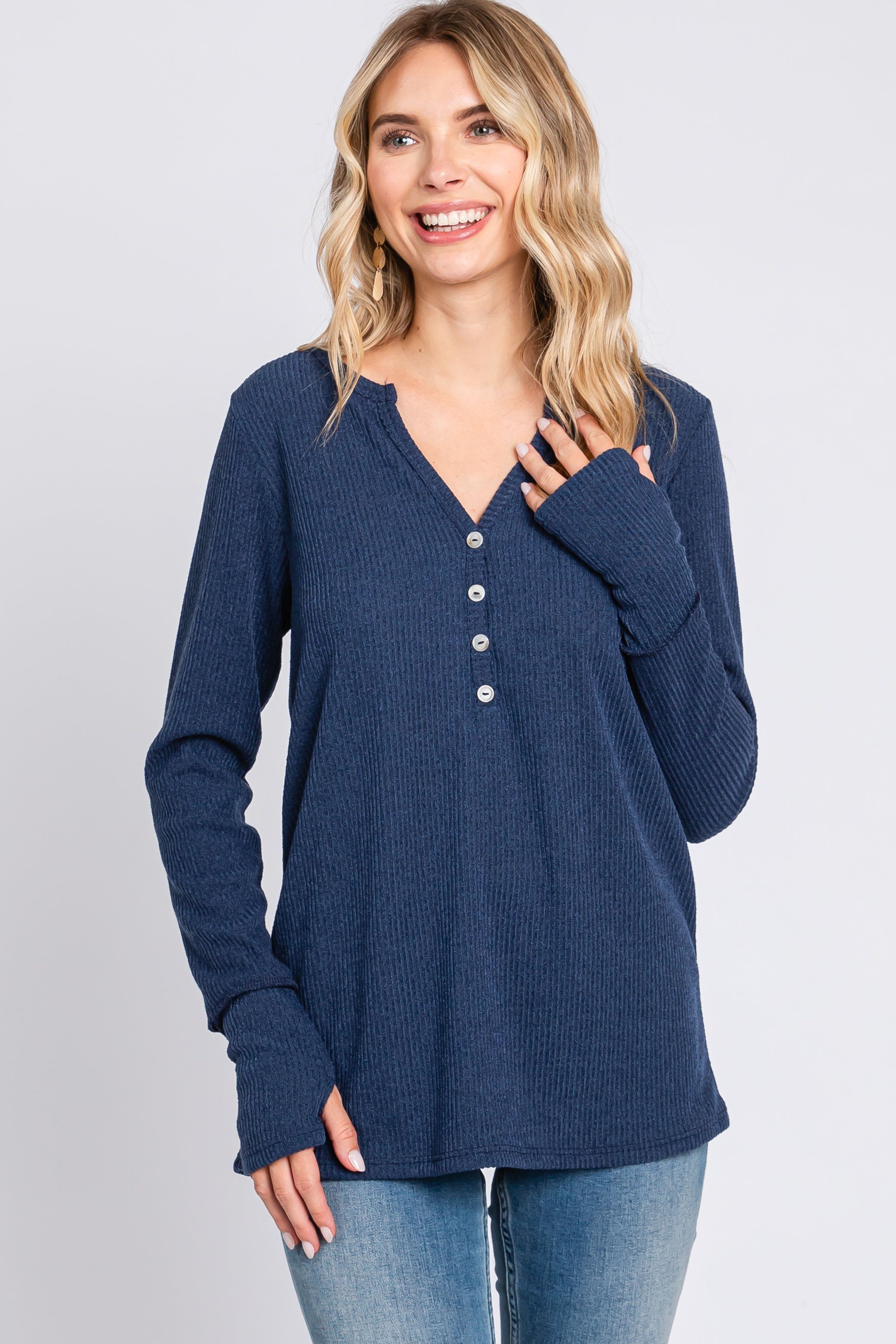 Navy Rib Knit Button Accent Long Sleeve Top sold by Pinkblush