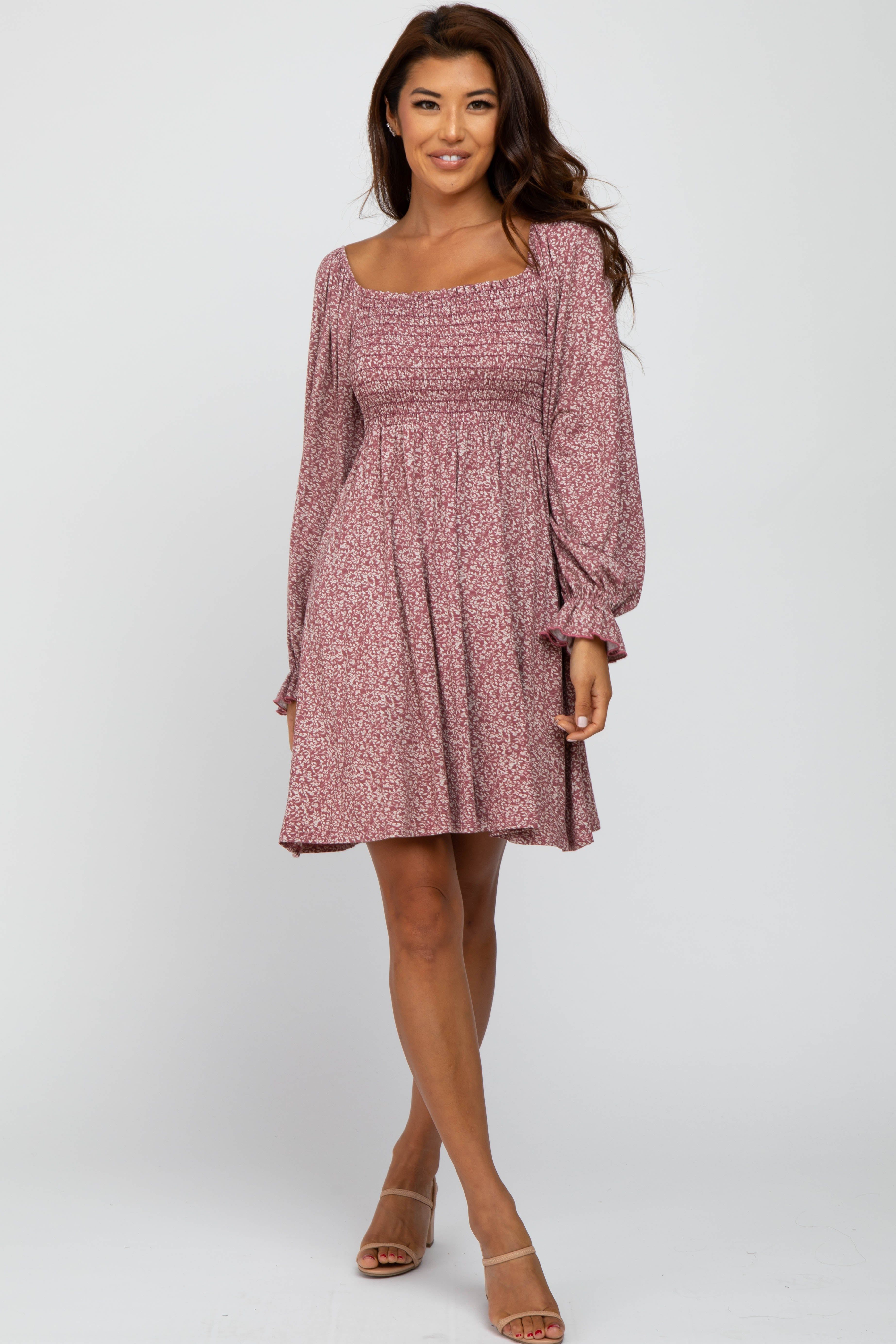 Plum Floral Smocked Peasant Sleeve Maternity Dress sold by Pinkblush product image thumbnail 5
