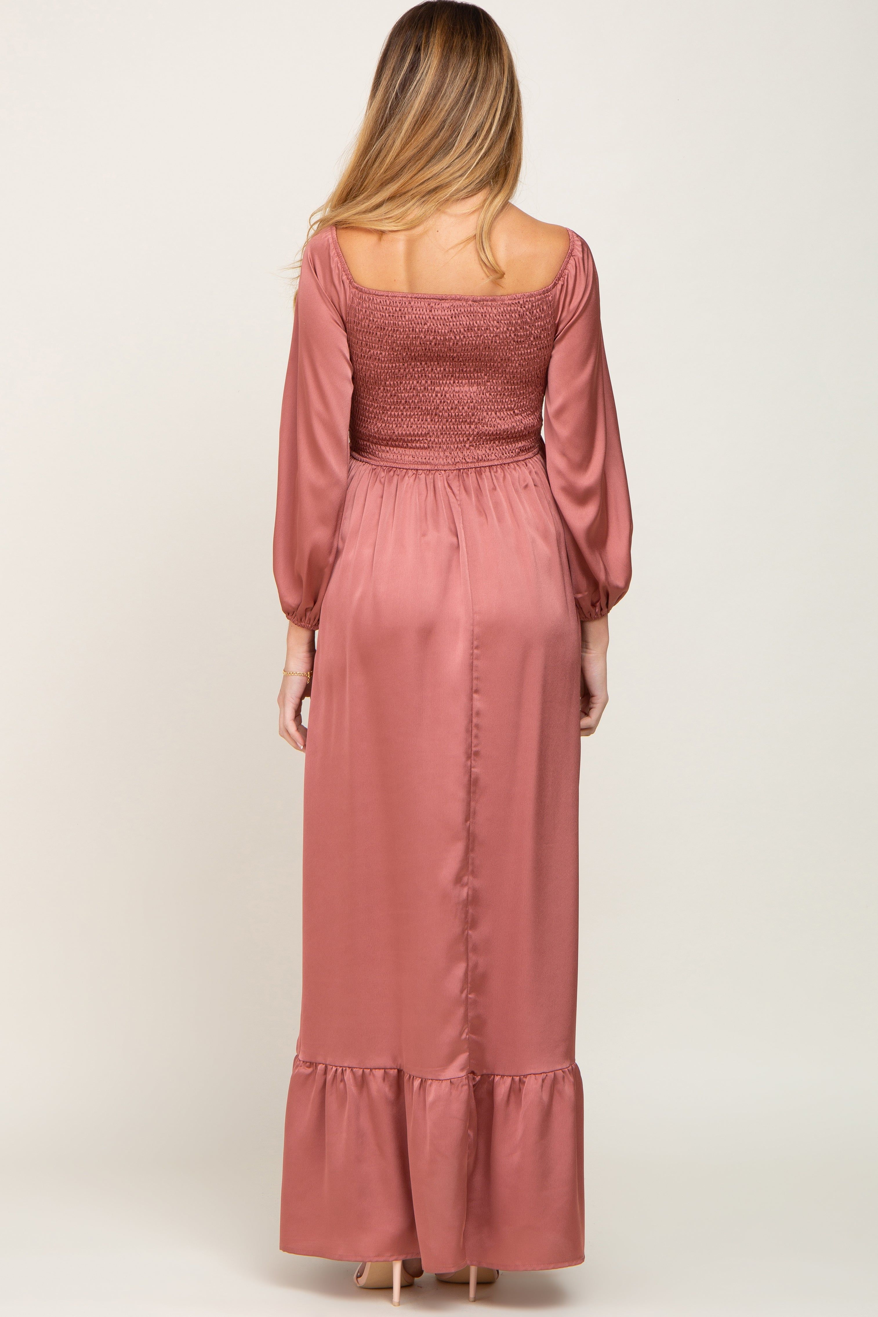 Mauve Smocked Off Shoulder Satin Maternity Maxi Dress sold by Pinkblush product image thumbnail 3