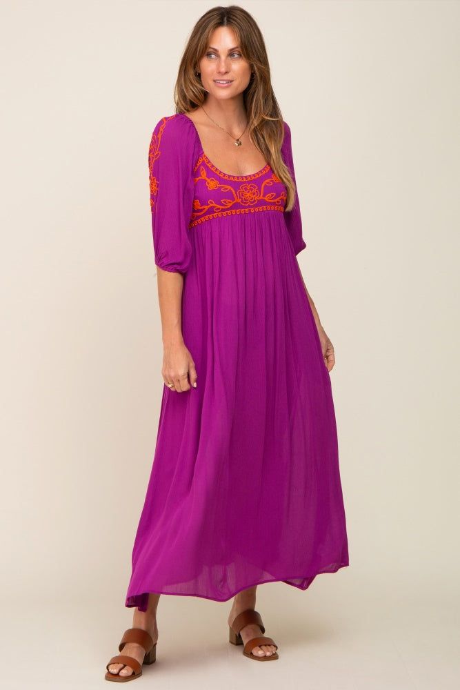 Magenta 3/4 Sleeve Embroidered Maxi Dress sold by Pinkblush