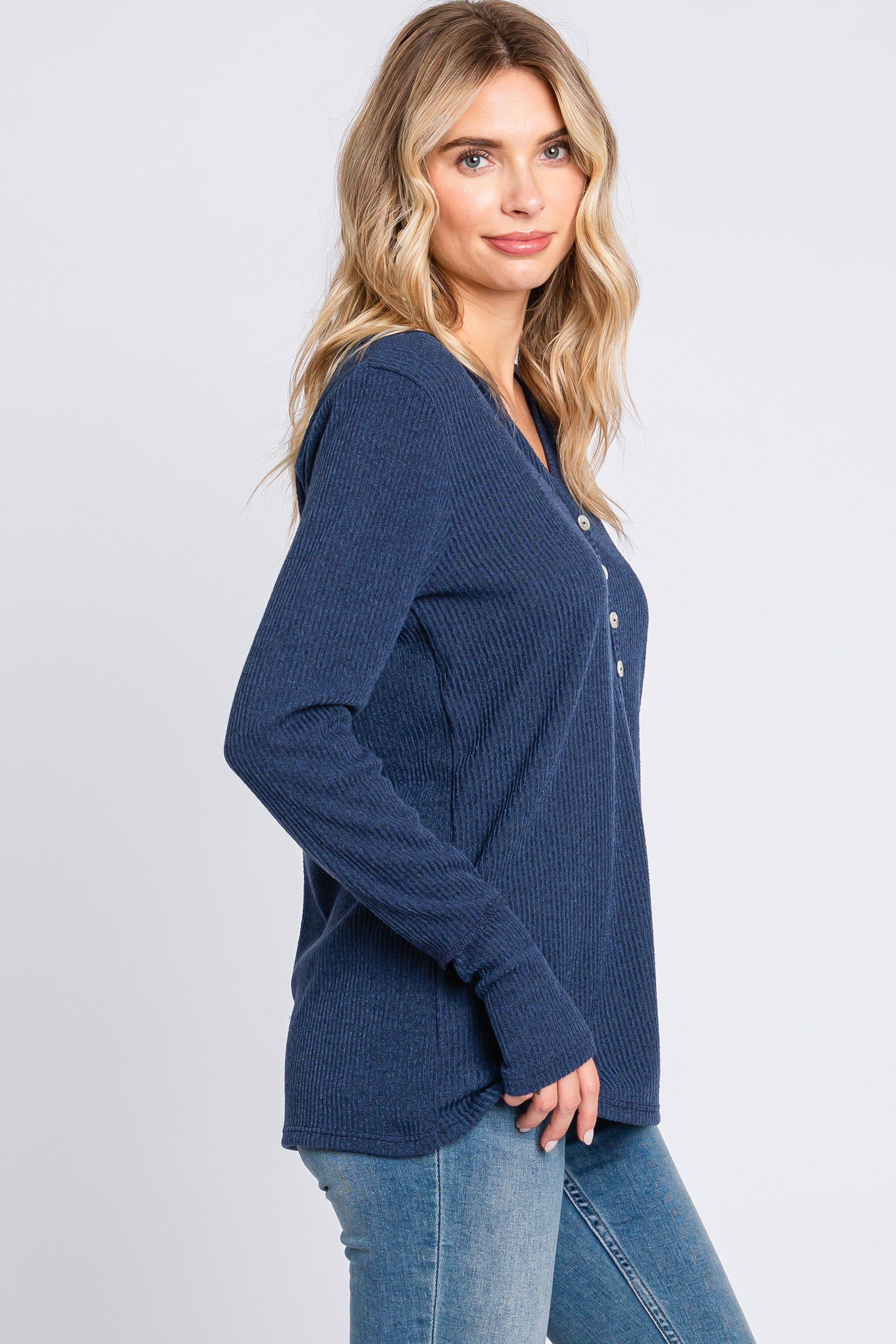 Navy Rib Knit Button Accent Long Sleeve Top sold by Pinkblush product image thumbnail 2