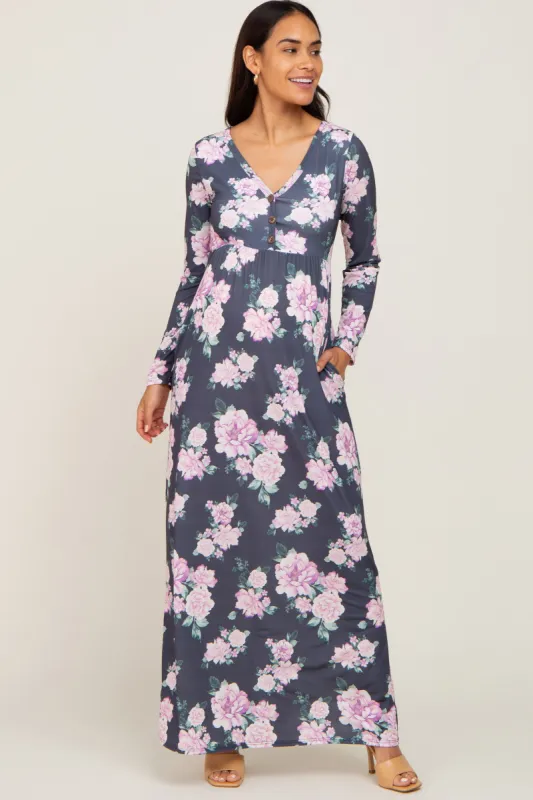 Charcoal Floral Button Front Maternity Maxi Dress sold by Pinkblush