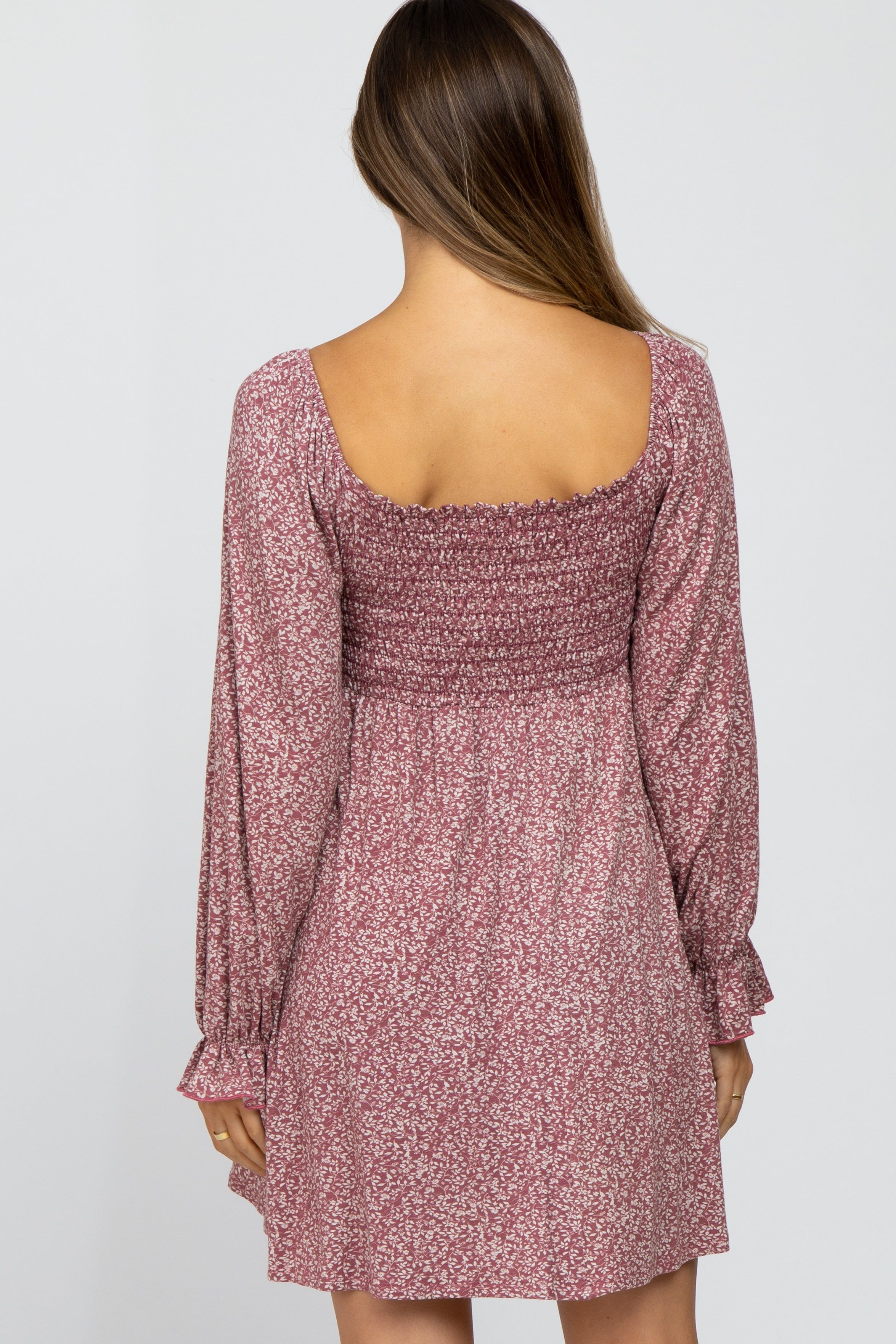 Plum Floral Smocked Peasant Sleeve Maternity Dress sold by Pinkblush product image thumbnail 3