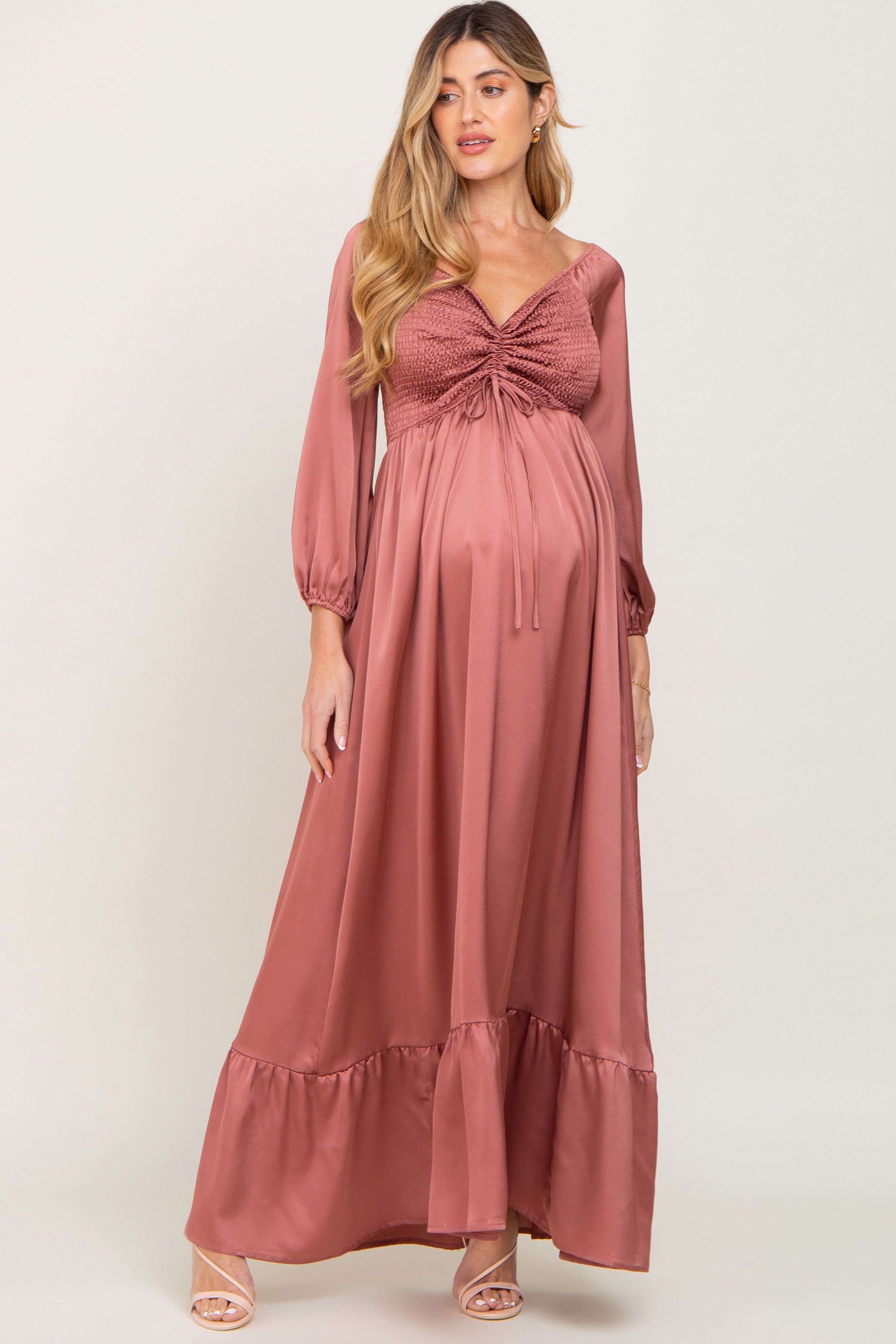 Mauve Smocked Off Shoulder Satin Maternity Maxi Dress sold by Pinkblush