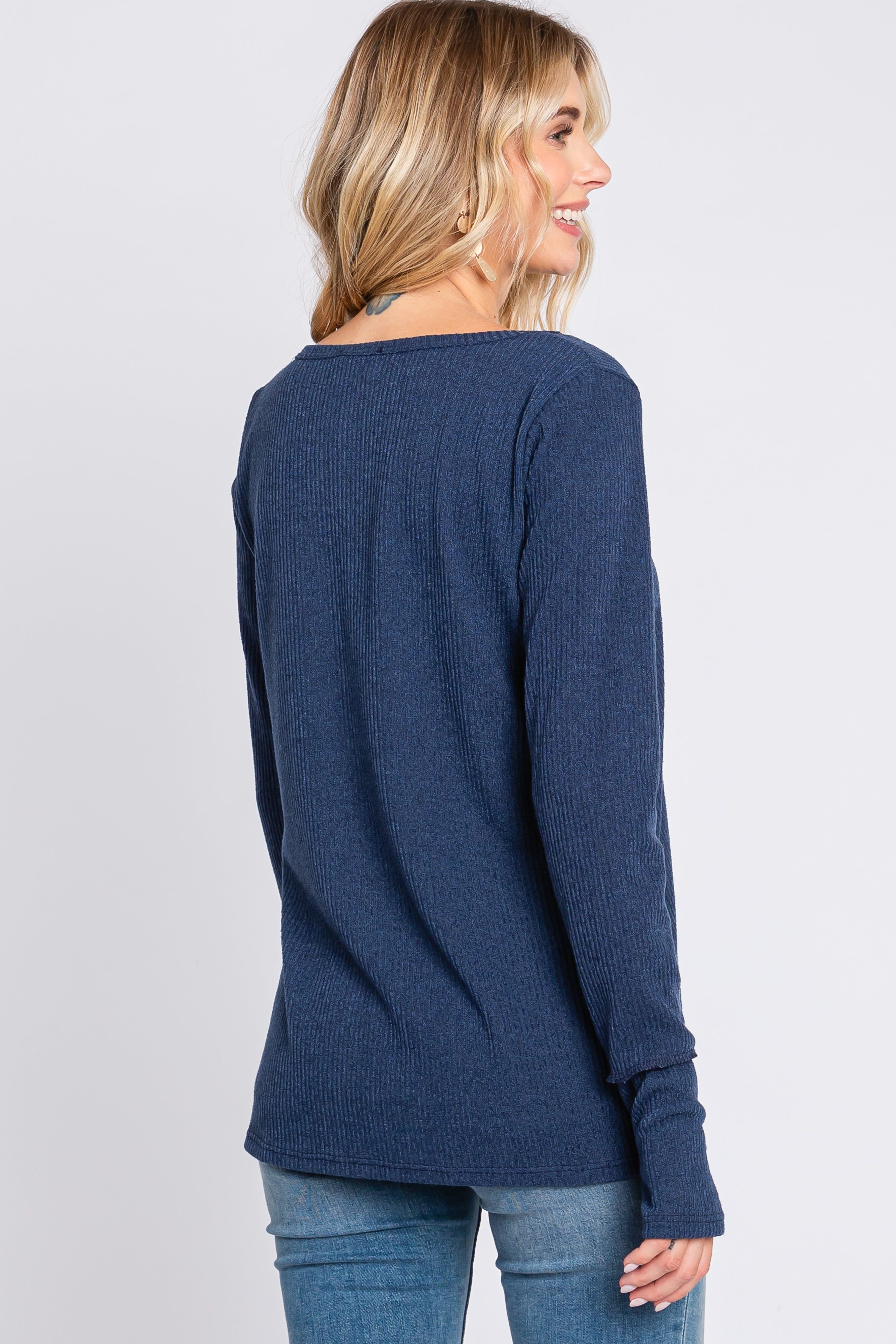 Navy Rib Knit Button Accent Long Sleeve Top sold by Pinkblush product image thumbnail 3