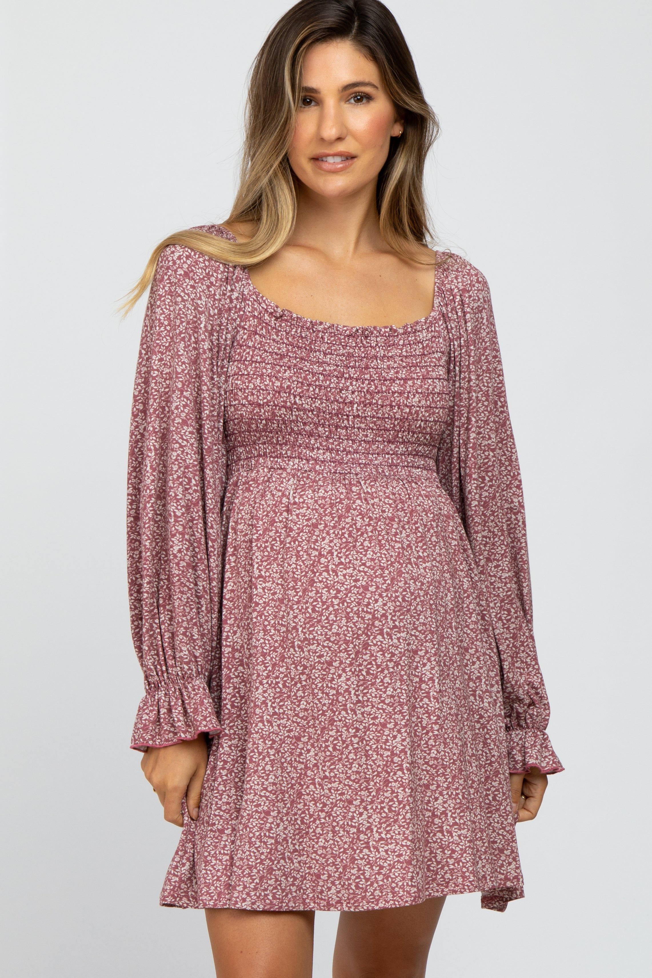 Plum Floral Smocked Peasant Sleeve Maternity Dress sold by Pinkblush product image thumbnail 4