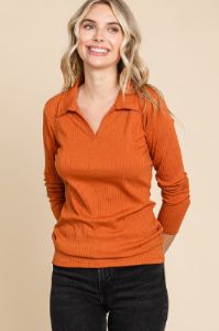 Rust Ribbed Collared Long Sleeve Top sold by Pinkblush