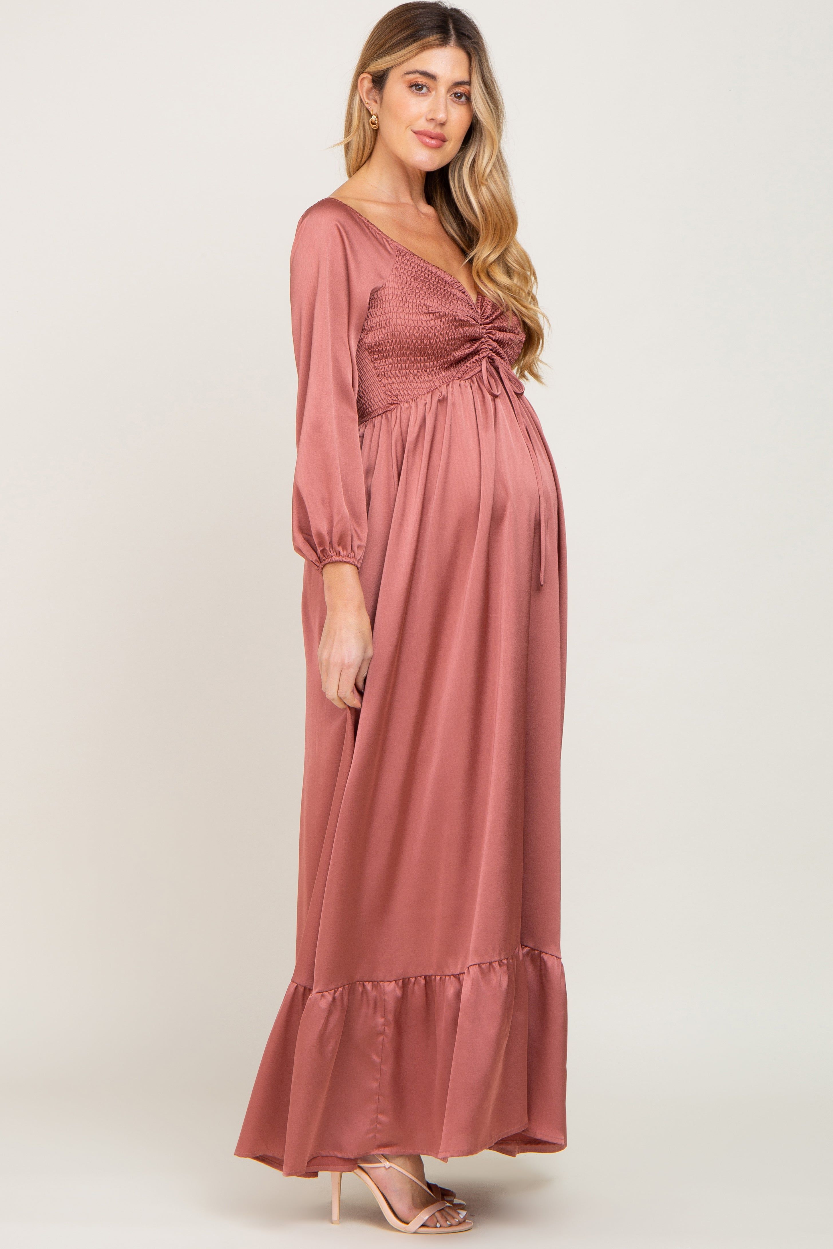 Mauve Smocked Off Shoulder Satin Maternity Maxi Dress sold by Pinkblush product image thumbnail 2