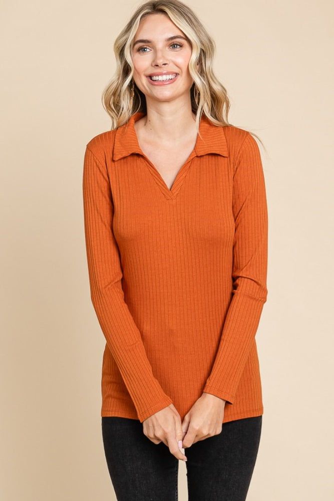Rust Ribbed Collared Long Sleeve Top sold by Pinkblush