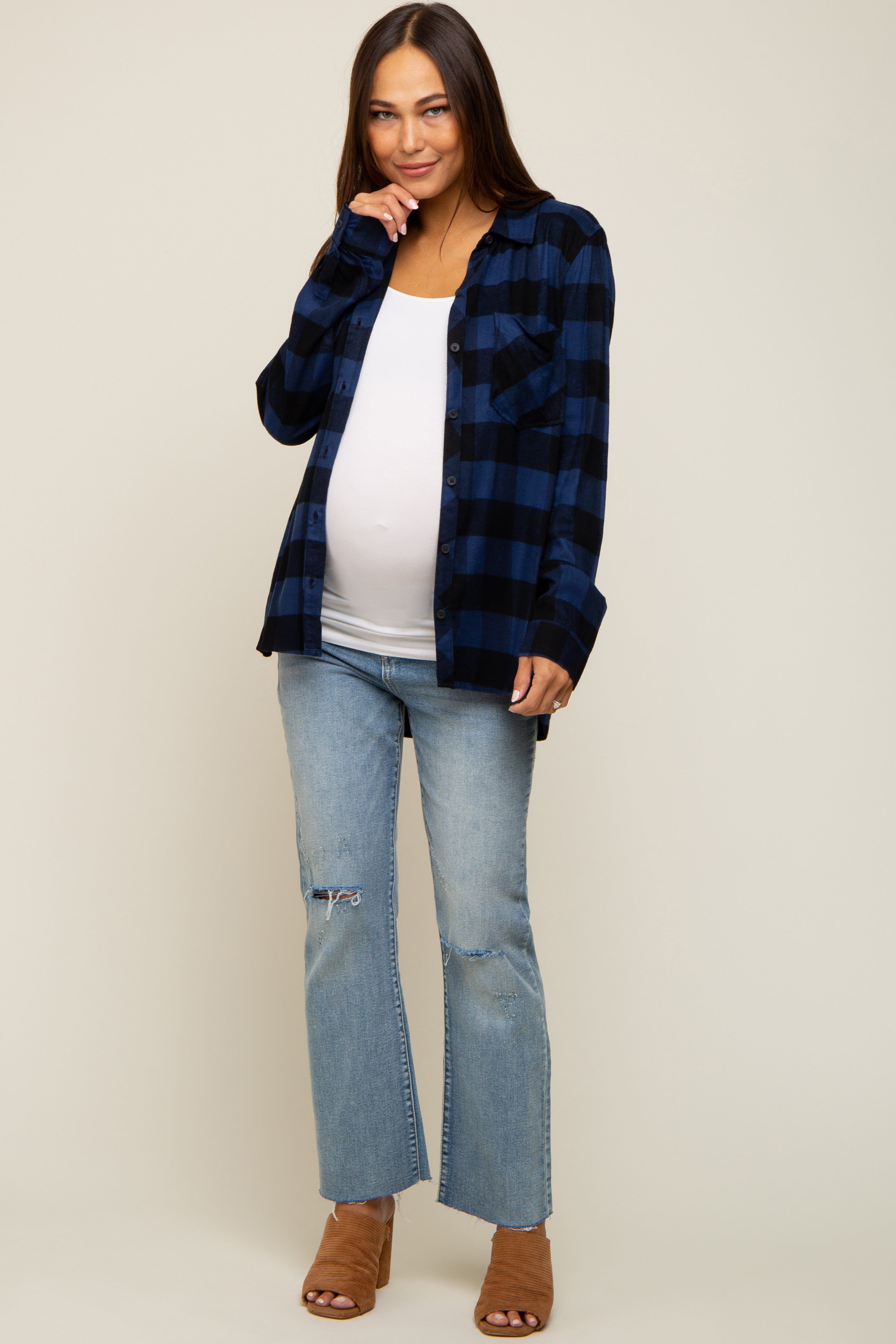 Royal Blue Checkered Maternity Long Sleeve Button Down Top sold by Pinkblush product image thumbnail 5