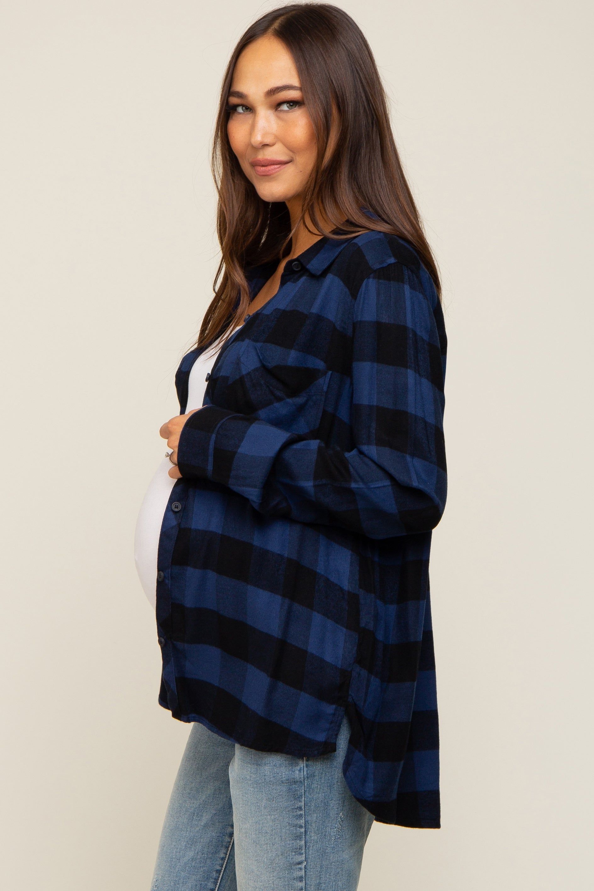 Royal Blue Checkered Maternity Long Sleeve Button Down Top sold by Pinkblush product image thumbnail 2