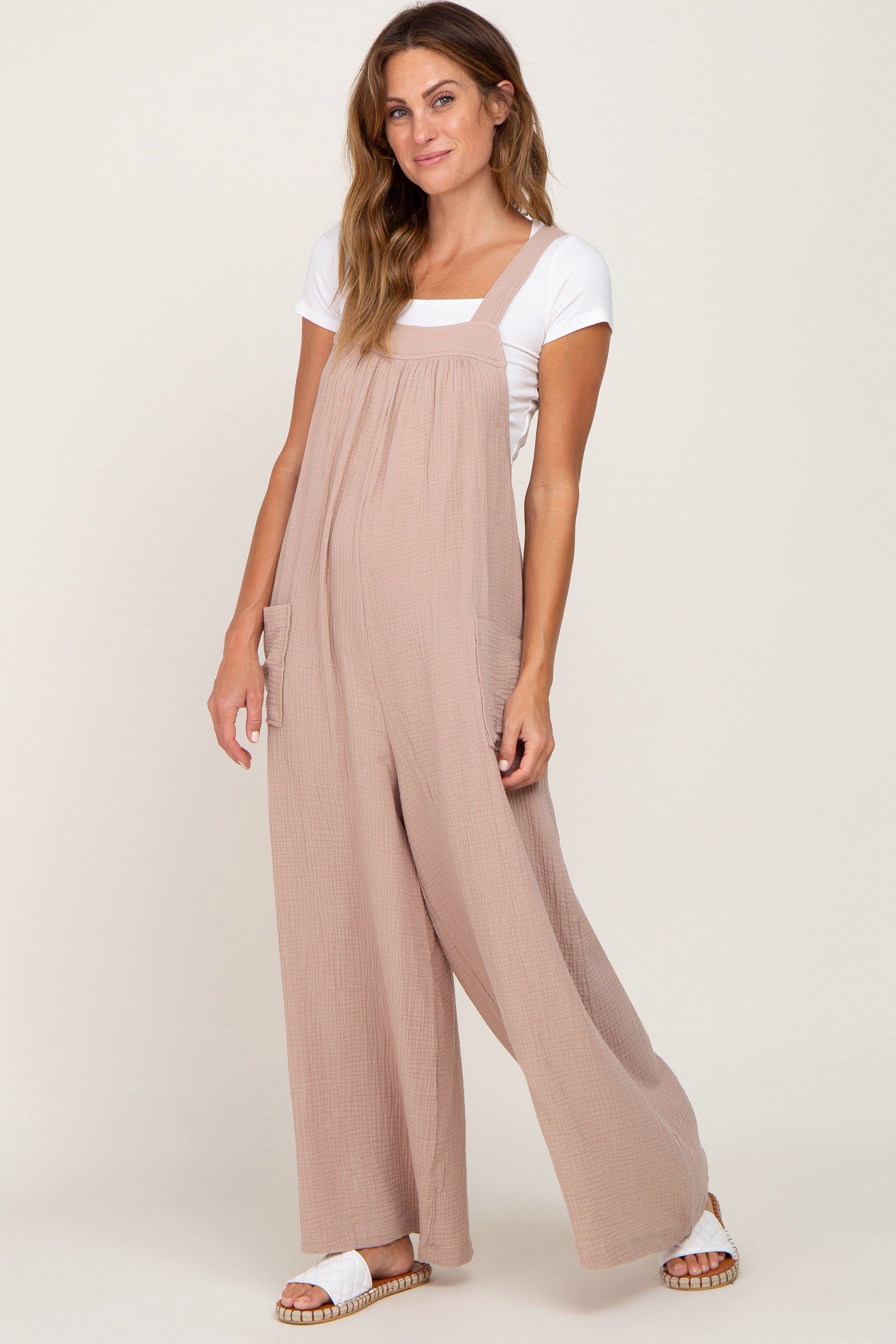 Taupe Wide Leg Tie Back Overalls sold by Pinkblush