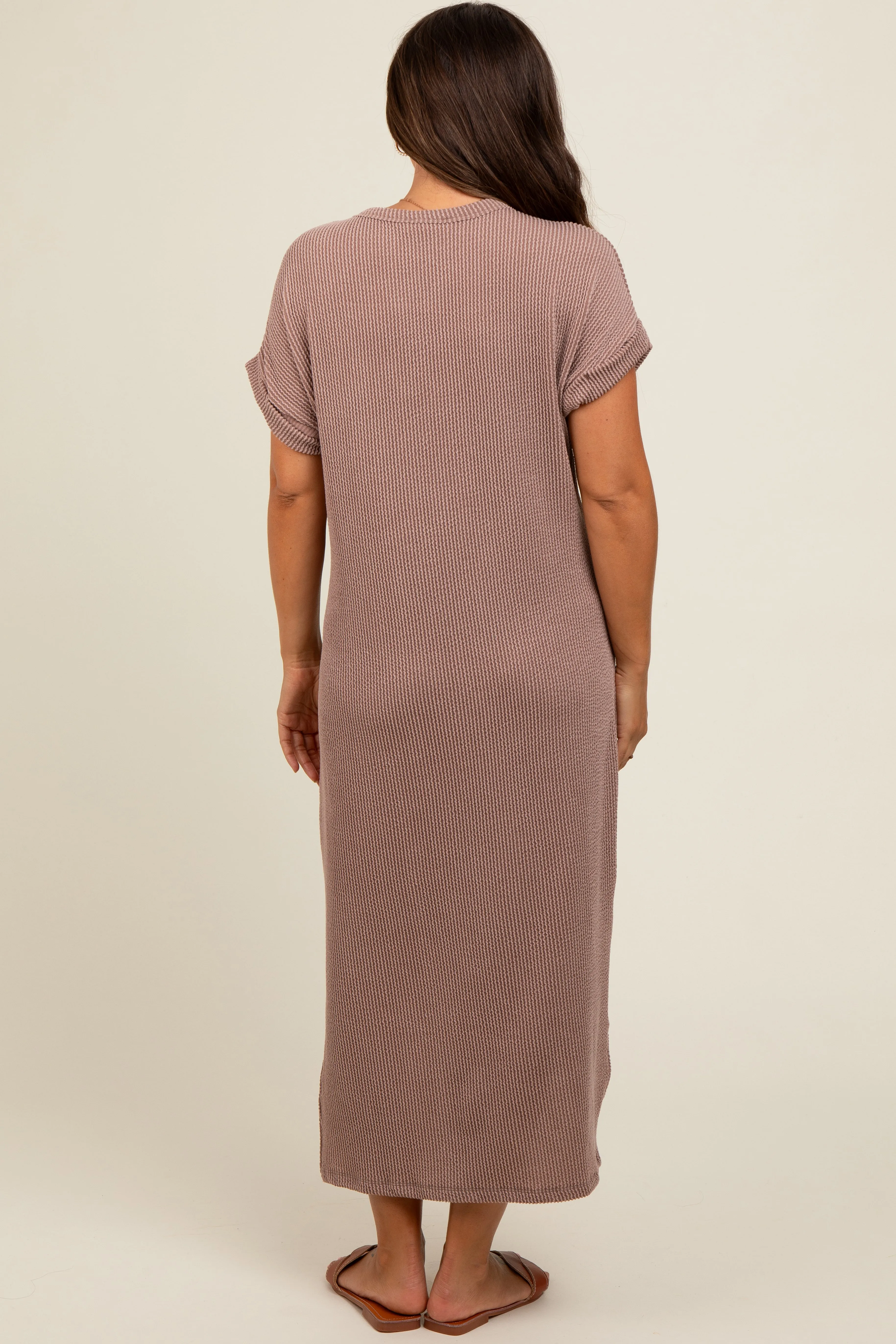 Taupe Ribbed Short Sleeve Maternity Midi Dress sold by Pinkblush product image thumbnail 3