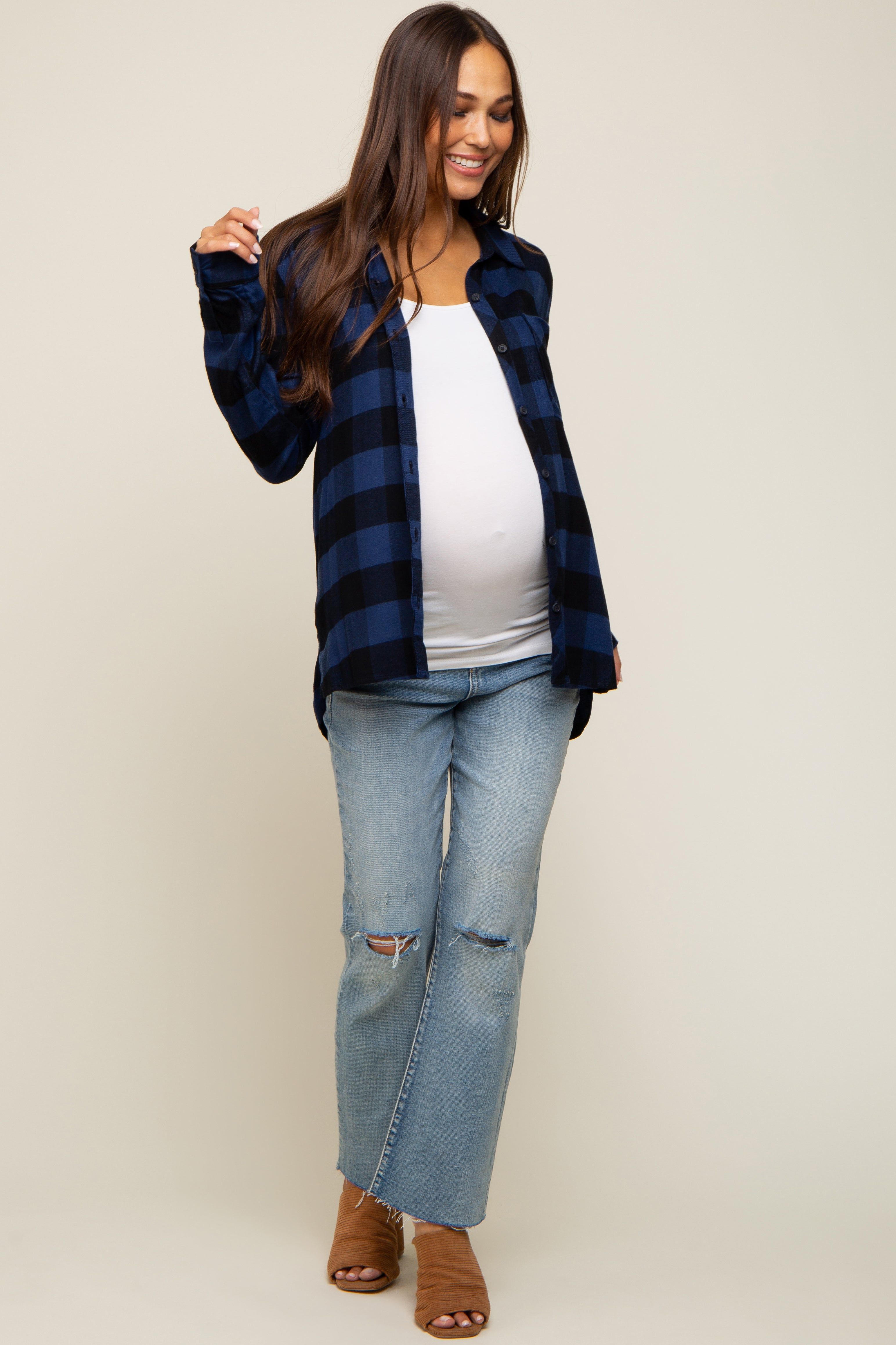 Royal Blue Checkered Maternity Long Sleeve Button Down Top sold by Pinkblush product image thumbnail 4