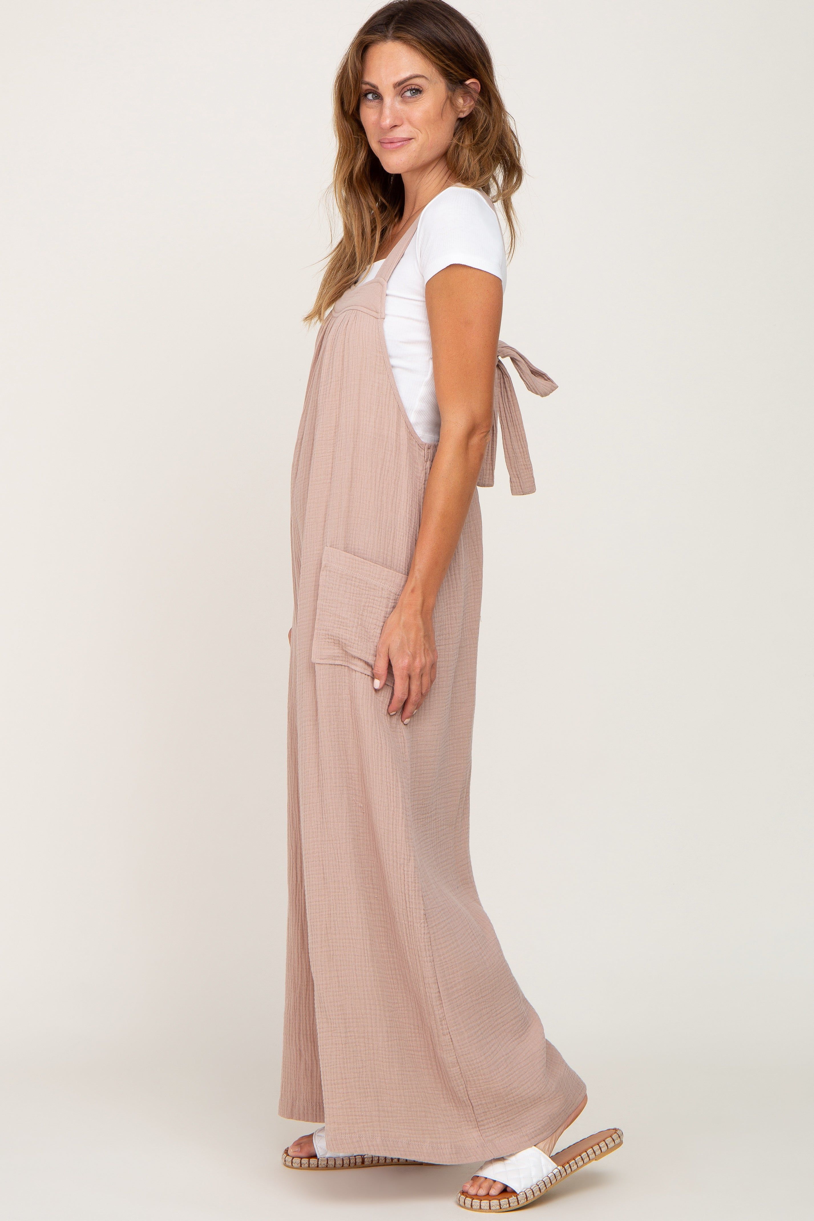 Taupe Wide Leg Tie Back Overalls sold by Pinkblush product image thumbnail 2