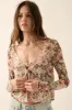 Cream Floral Mesh Smocked Bandeau Knit Blouse sold by Pinkblush
