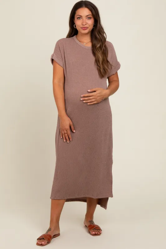 Taupe Ribbed Short Sleeve Maternity Midi Dress sold by Pinkblush