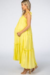 Yellow Tie Strap Ruffle Maternity Maxi Dress sold by Pinkblush