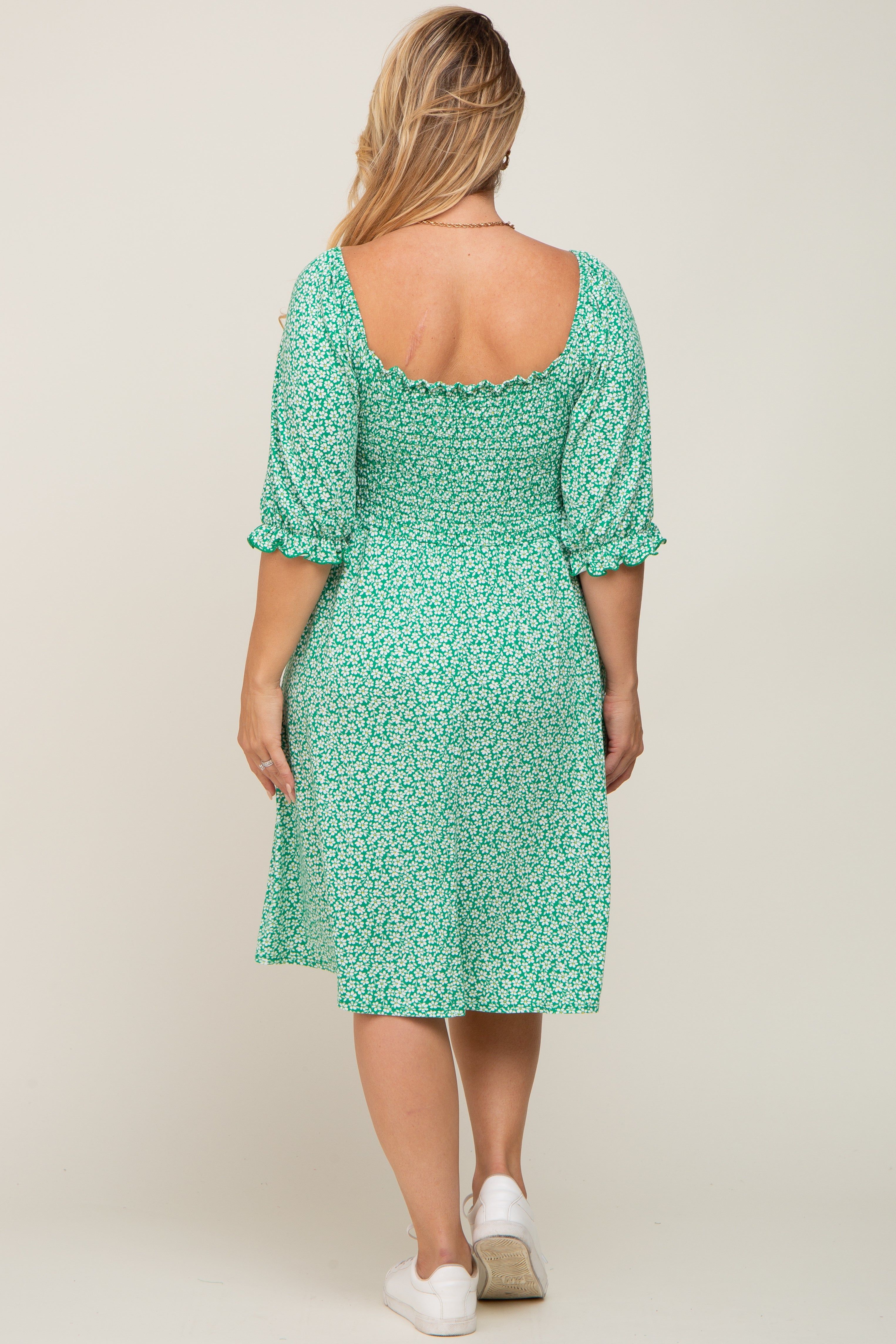 Green Floral Smocked Square Neck Maternity Plus Dress sold by Pinkblush product image thumbnail 3