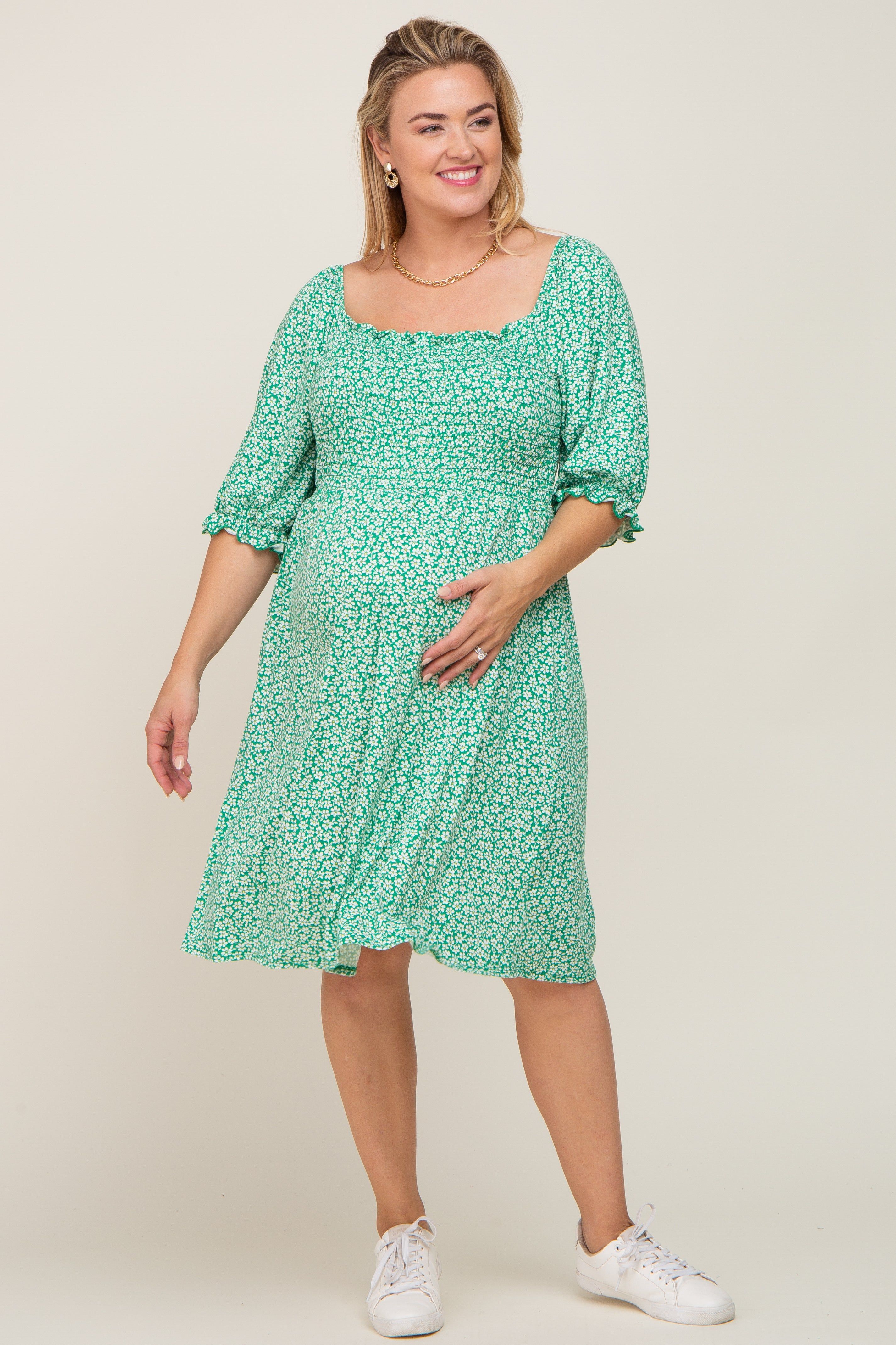 Green Floral Smocked Square Neck Maternity Plus Dress sold by Pinkblush