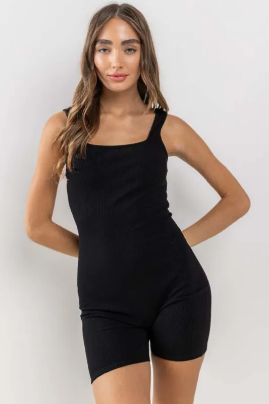 Black Ribbed Square Neck Sleeveless Romper sold by Pinkblush