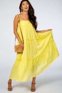 Yellow Tie Strap Ruffle Maternity Maxi Dress sold by Pinkblush