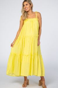 Yellow Tie Strap Ruffle Maternity Maxi Dress sold by Pinkblush