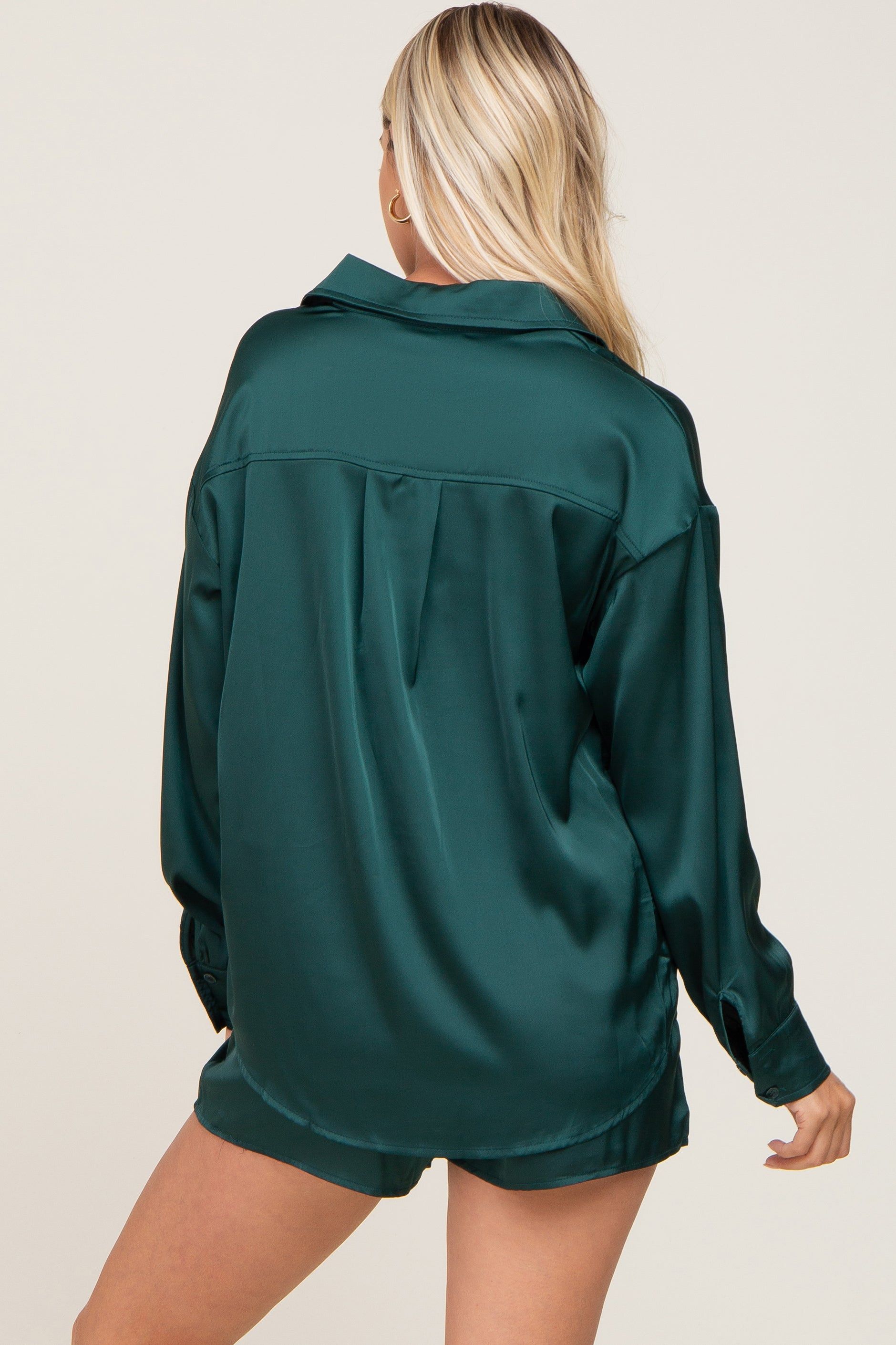 Forest Green Button Up and Short Satin Set sold by Pinkblush product image thumbnail 3