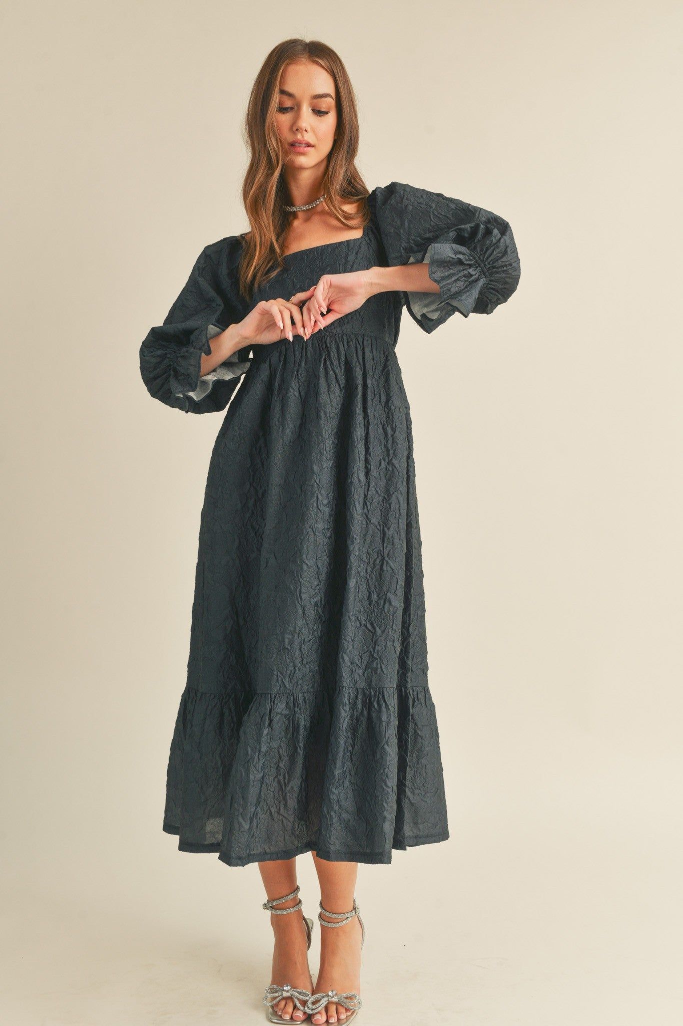 Navy Blue Metallic Jacquard Floral Midi Dress sold by Pinkblush product image thumbnail 2