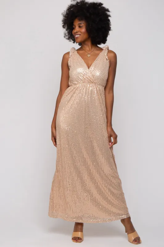 Beige Sequin Sleeveless Wrap V-Neck Gown sold by Pinkblush