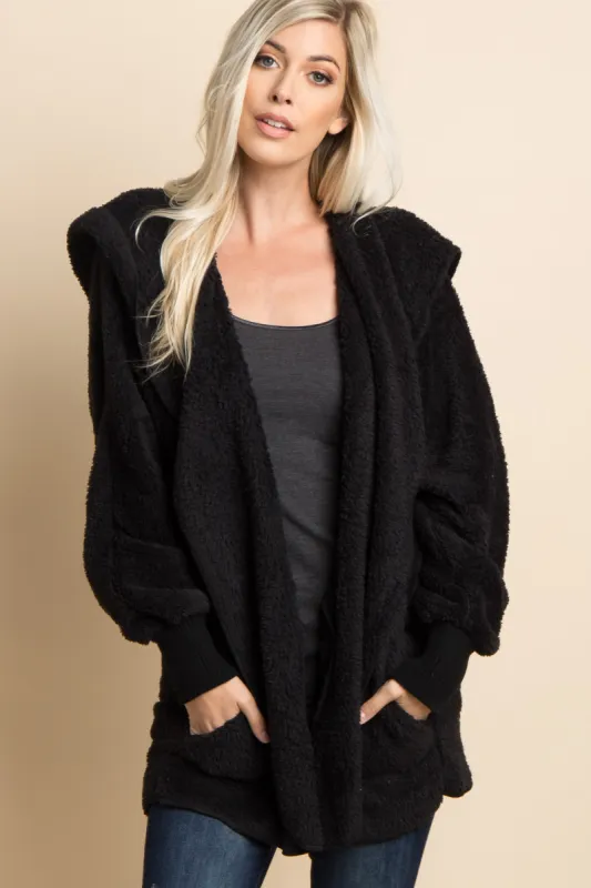 Black Fuzzy Hooded Long Sleeve Jacket sold by Pinkblush