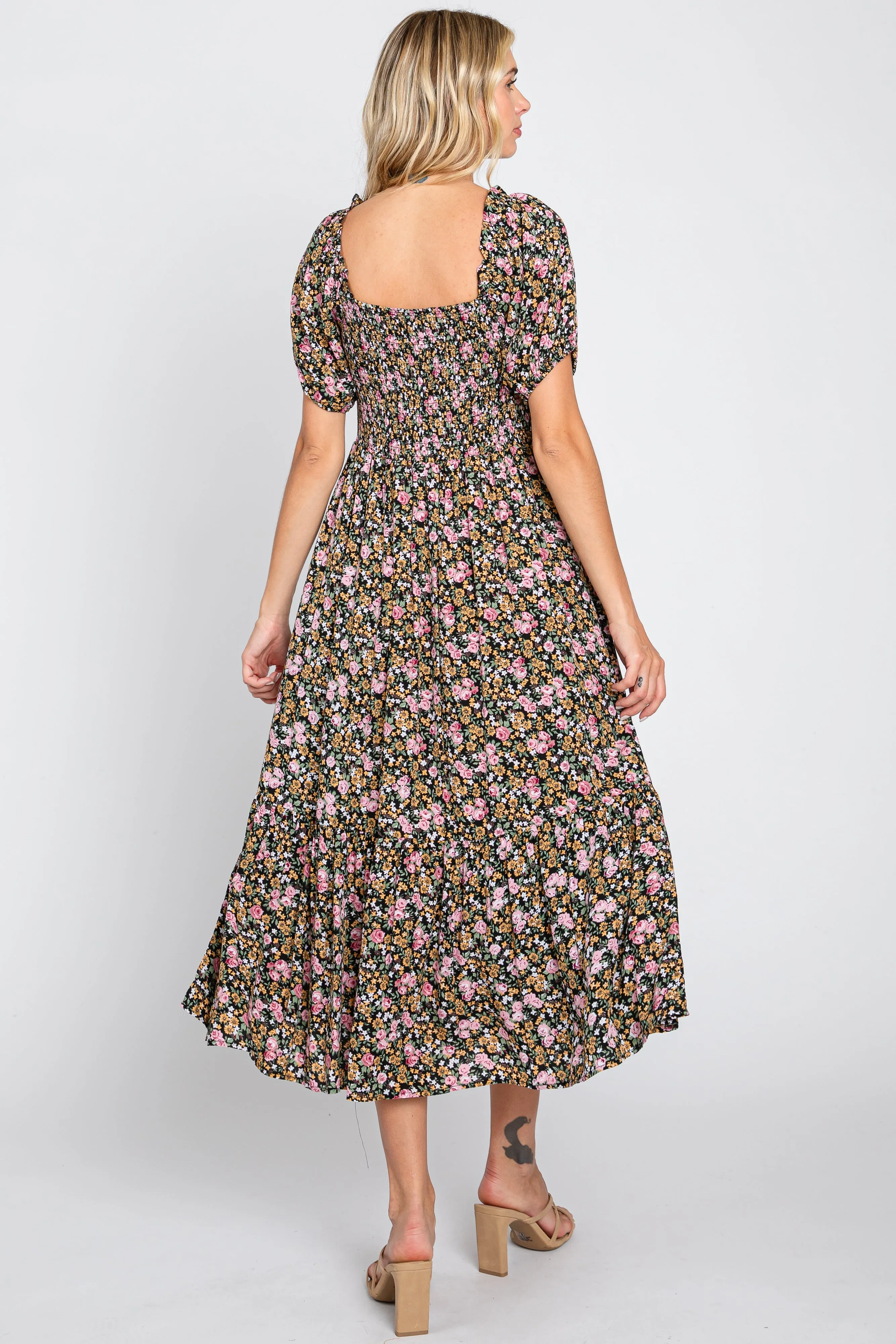 Pink Floral Smocked Puff Sleeve Midi Dress sold by Pinkblush product image thumbnail 3