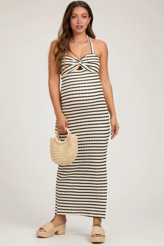 Ivory Striped Twist Front Halter Maternity Midi Dress sold by Pinkblush