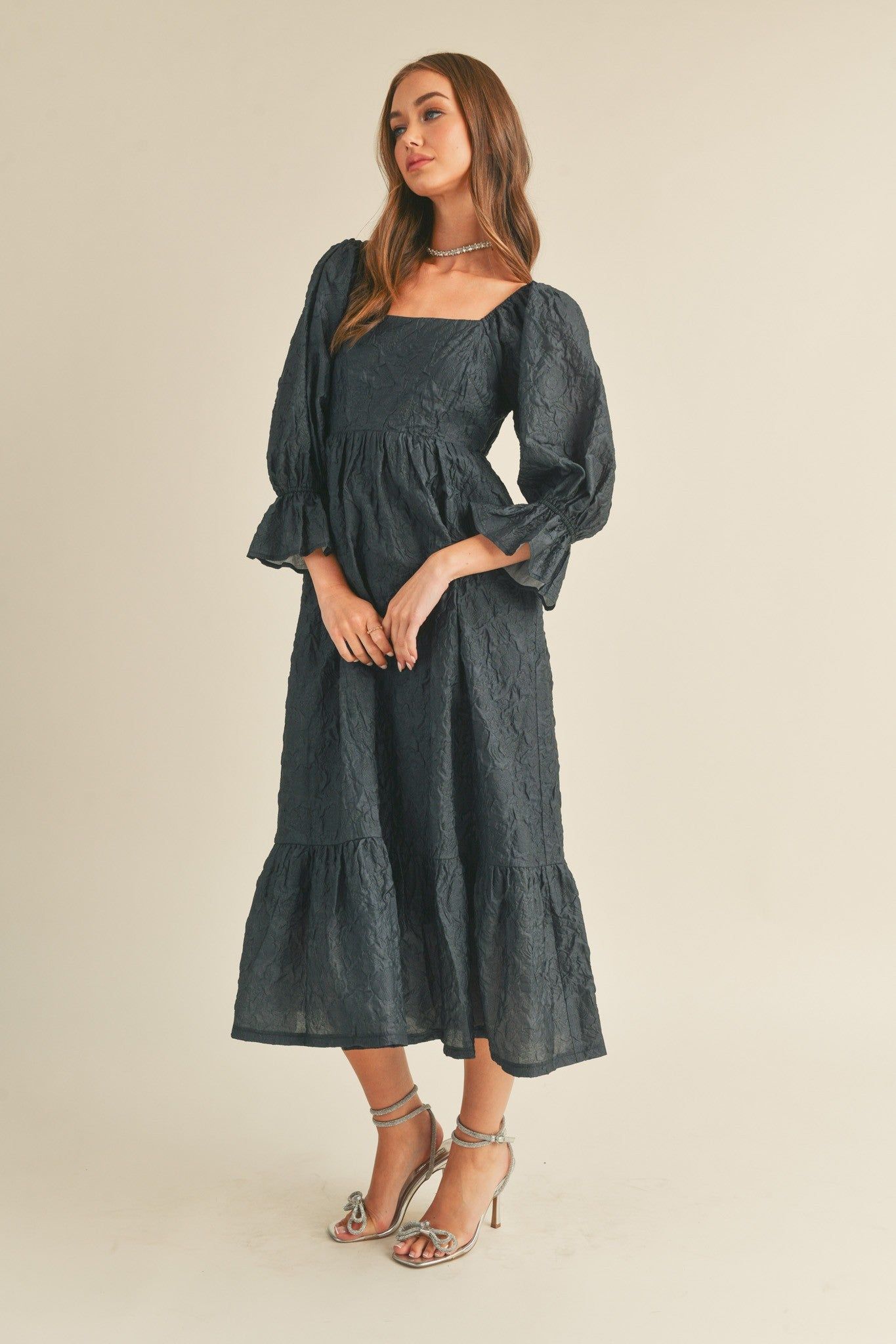 Navy Blue Metallic Jacquard Floral Midi Dress sold by Pinkblush product image thumbnail 3