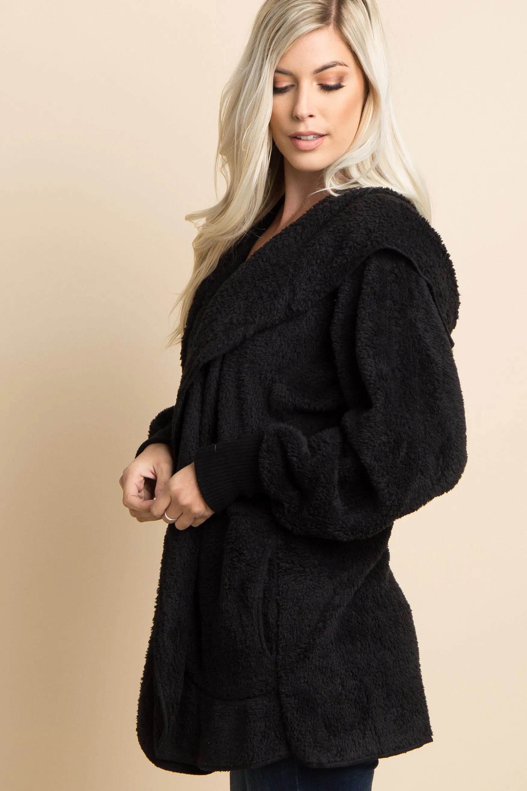 Black Fuzzy Hooded Long Sleeve Jacket sold by Pinkblush product image thumbnail 2