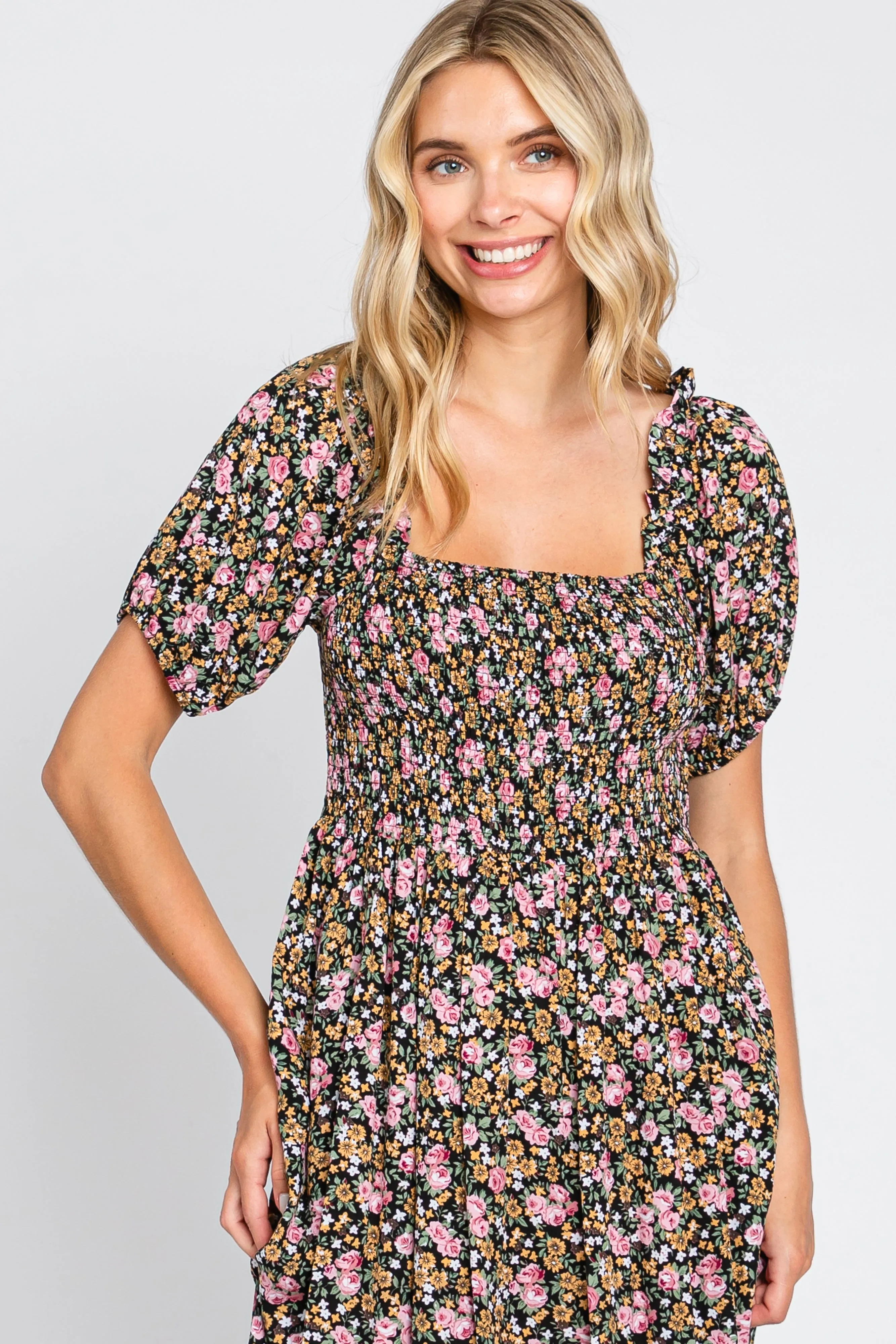 Pink Floral Smocked Puff Sleeve Midi Dress sold by Pinkblush product image thumbnail 4