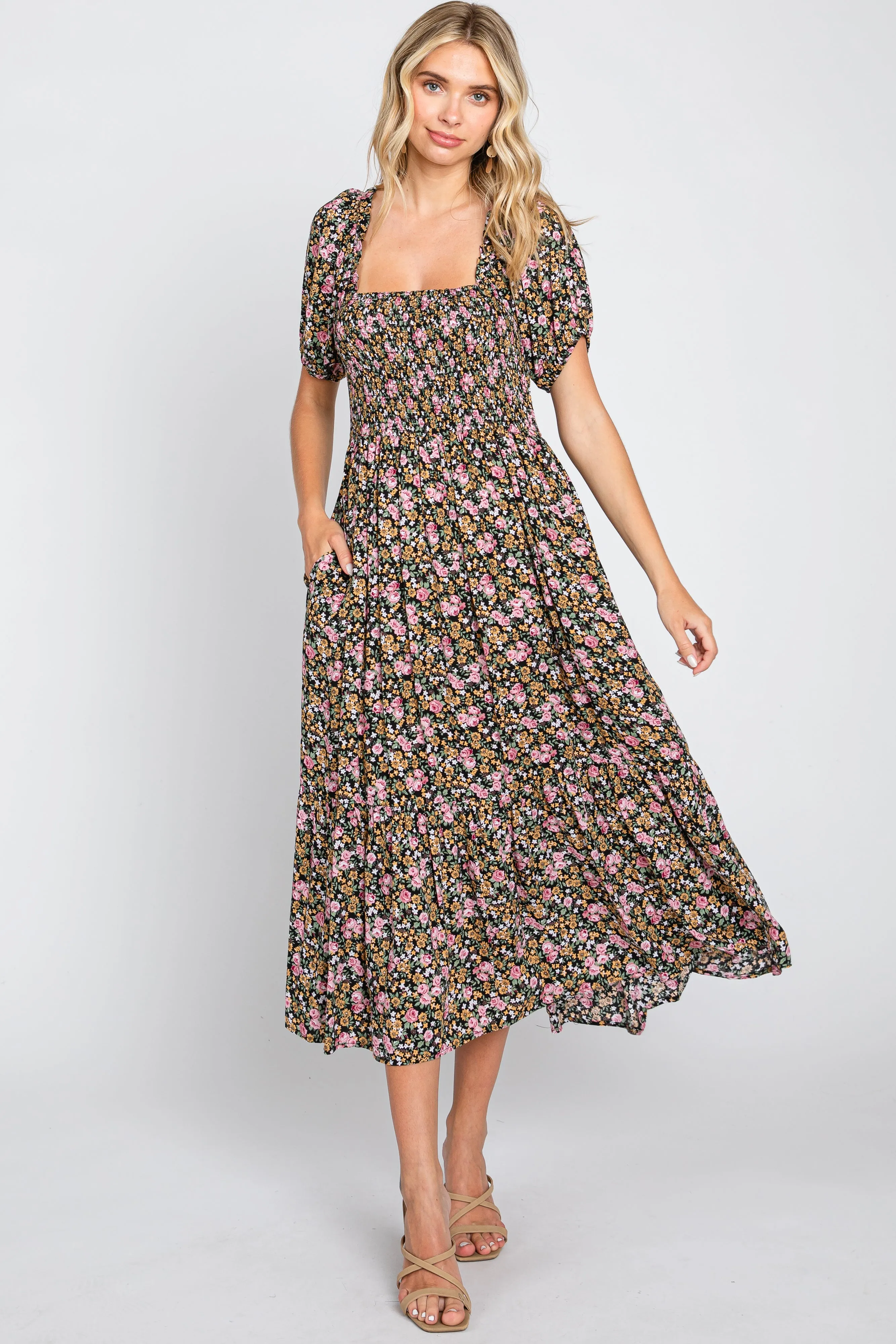 Pink Floral Smocked Puff Sleeve Midi Dress sold by Pinkblush