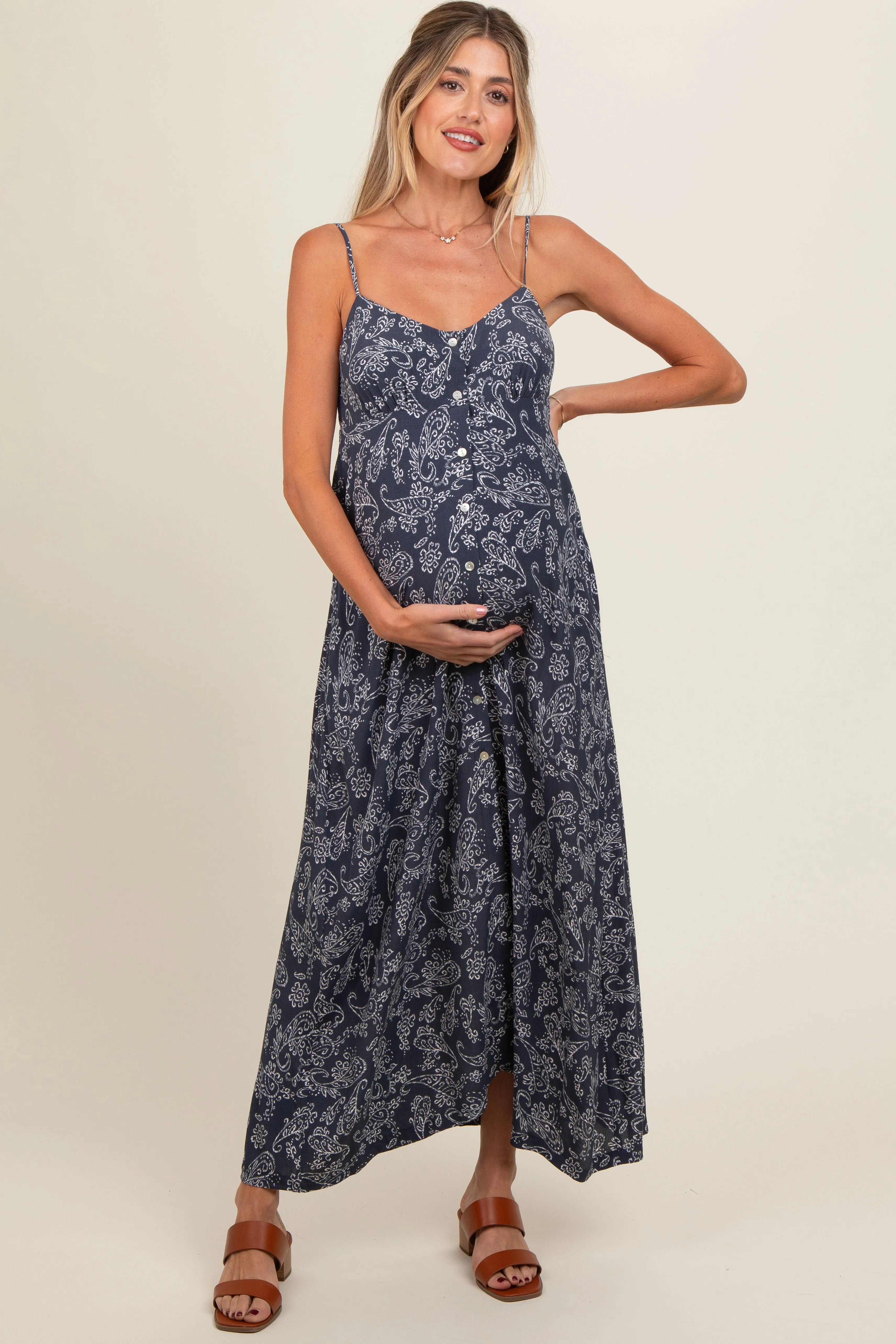 Navy Paisley Button Down Cami Maternity Maxi Dress sold by Pinkblush