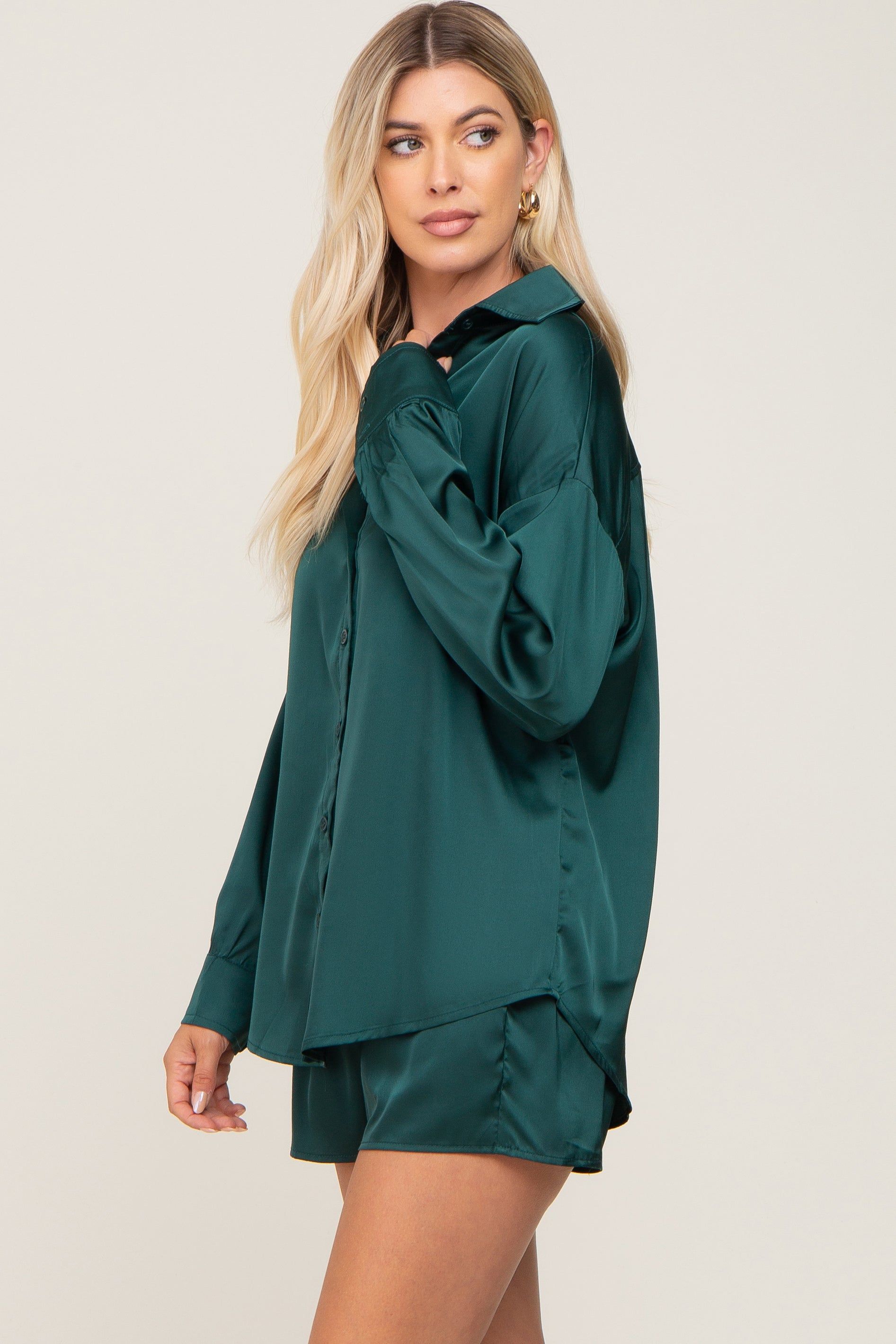 Forest Green Button Up and Short Satin Set sold by Pinkblush product image thumbnail 2