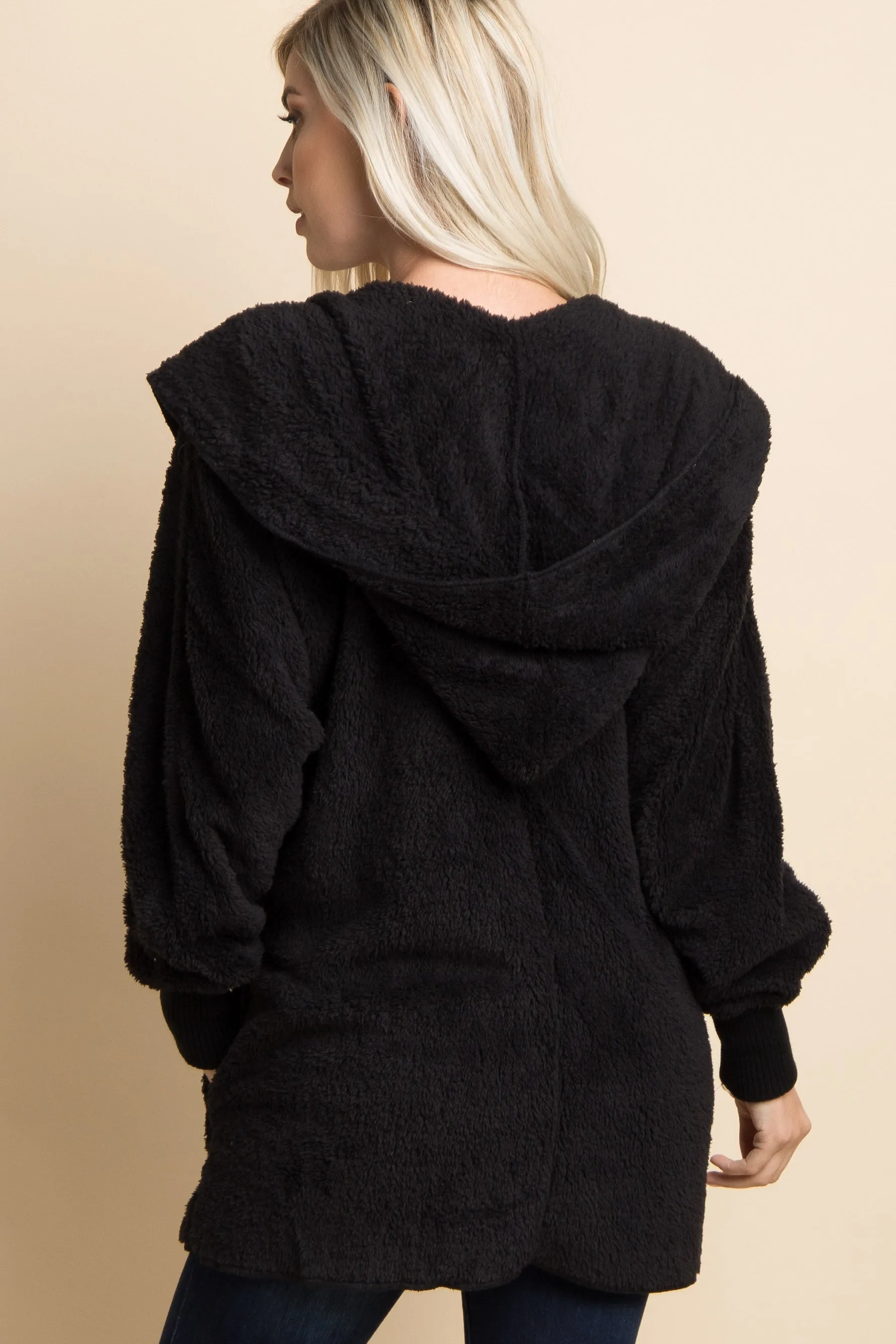 Black Fuzzy Hooded Long Sleeve Jacket sold by Pinkblush product image thumbnail 3